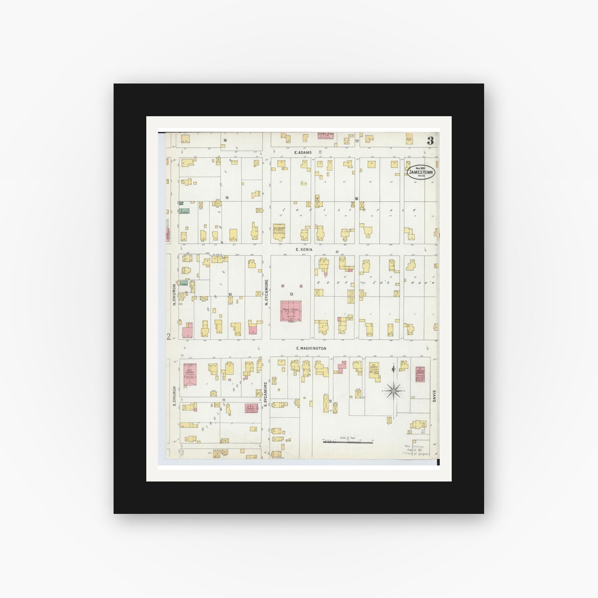 Old map wall art mockup — black gallery frame with white mat — Sanborn Fire Insurance Map from Jamestown, Greene County, Ohio (1899), Sheet #0003