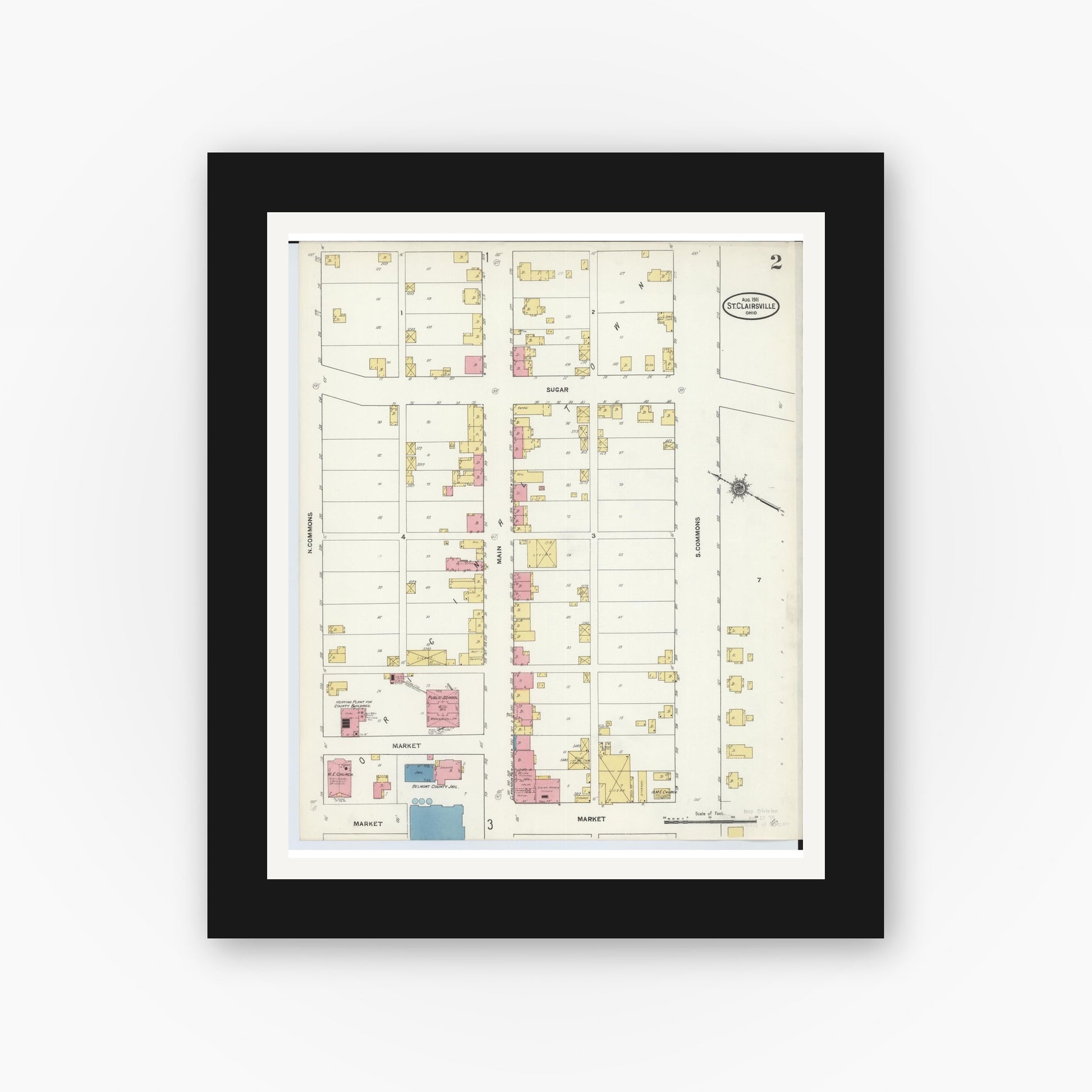 Old map wall art mockup — black gallery frame with white mat — Sanborn Fire Insurance Map from Saint Clairsville, Belmont County, Ohio (1911), Sheet #0002