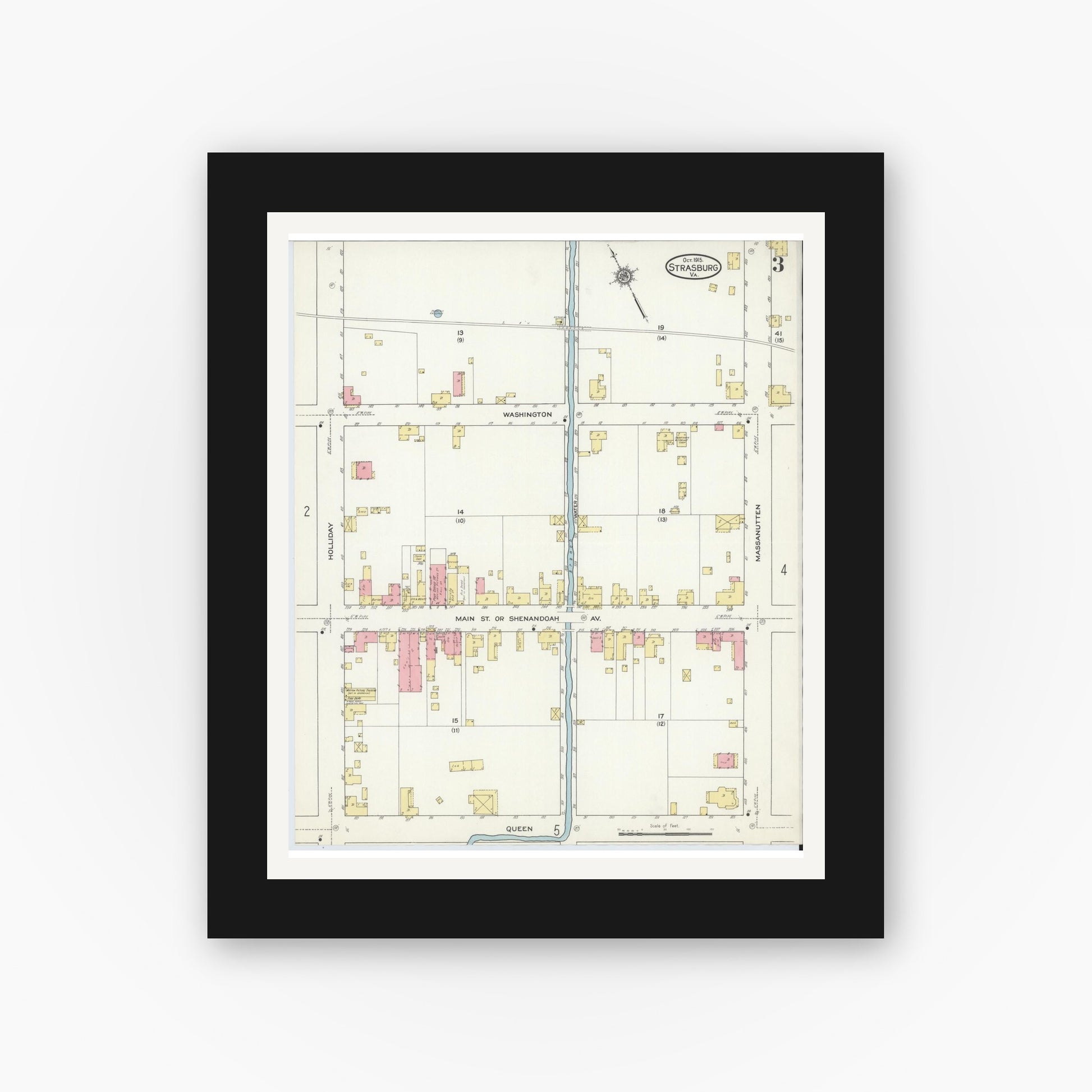 Old map wall art mockup — black gallery frame with white mat — Sanborn Fire Insurance Map from Strasburg, Shenandoah County, Virginia (1915), Sheet #0003