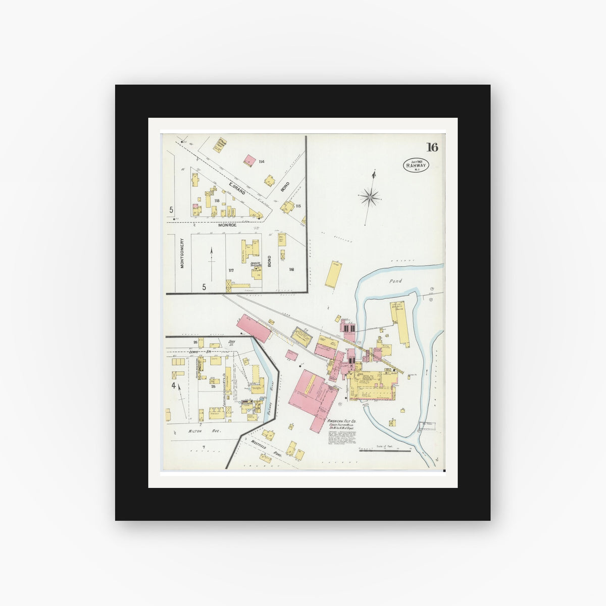 Old map wall art mockup — black gallery frame with white mat — Sanborn Fire Insurance Map from Rahway, Union County, New Jersey (1901), Sheet #0016
