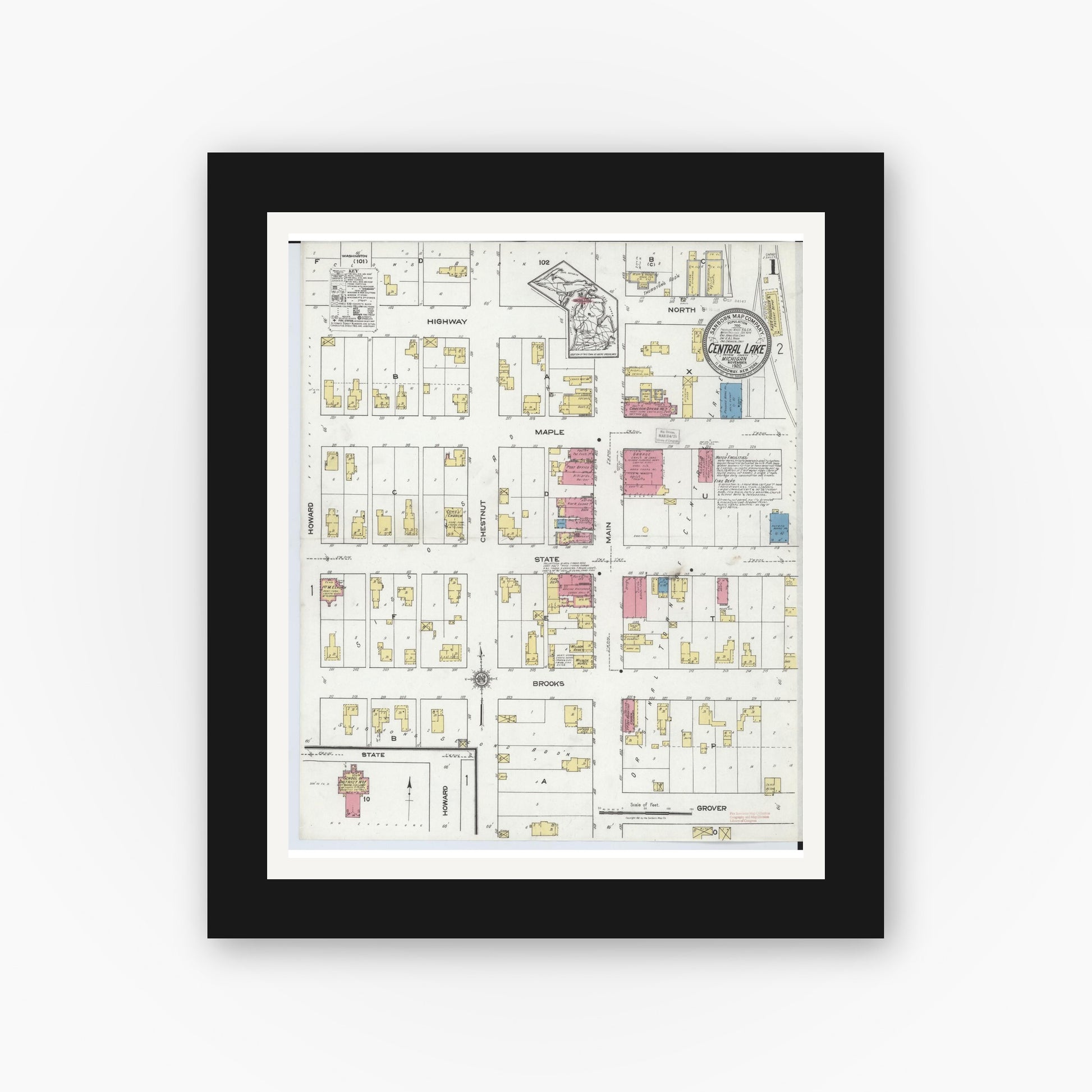 Old map wall art mockup — black gallery frame with white mat — Sanborn Fire Insurance Map from Central Lake, Antrim County, Michigan (1920) - Complete Map Set