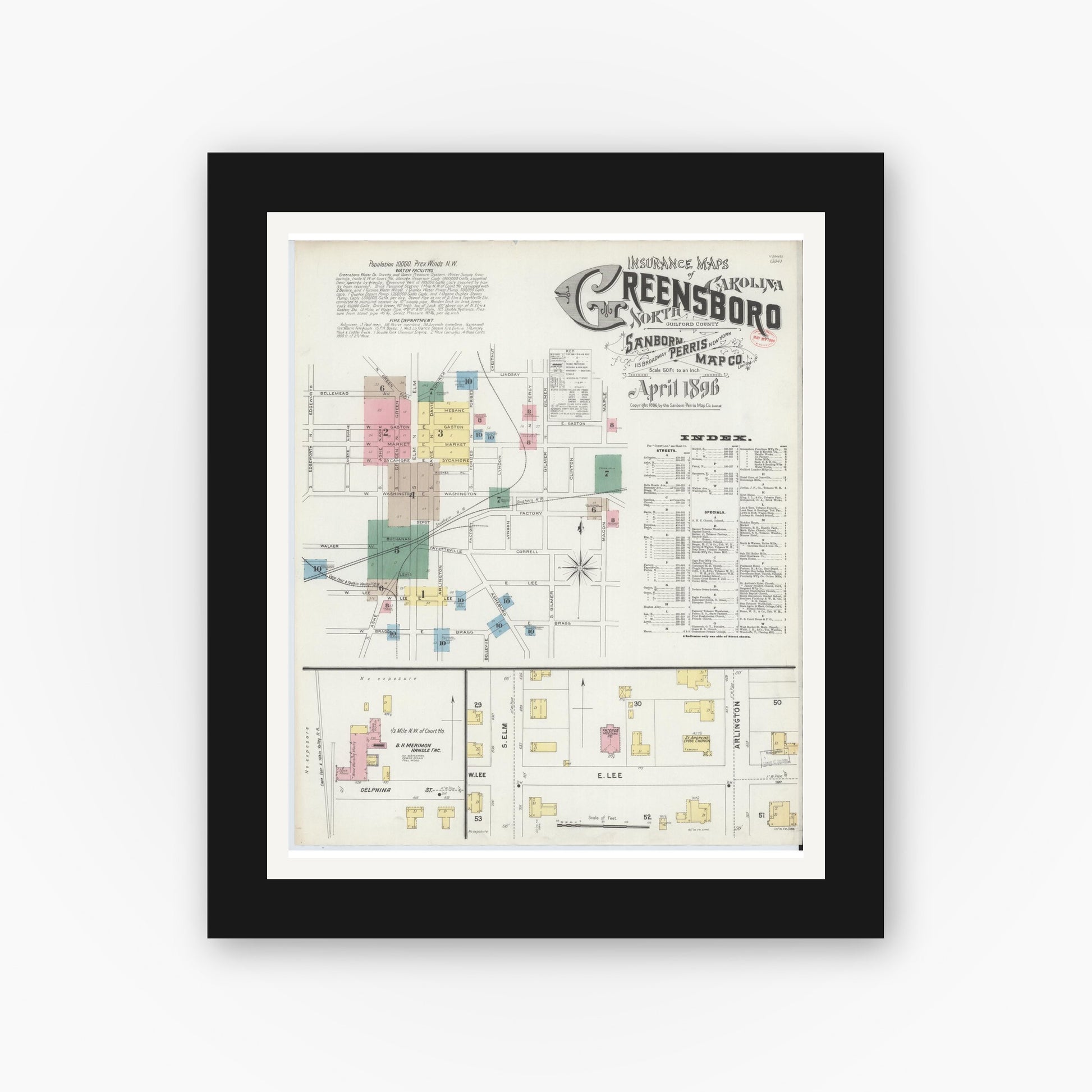 Old map wall art mockup — black gallery frame with white mat — Sanborn Fire Insurance Map from Greensboro, Guilford County, North Carolina (1896), Sheet #0001