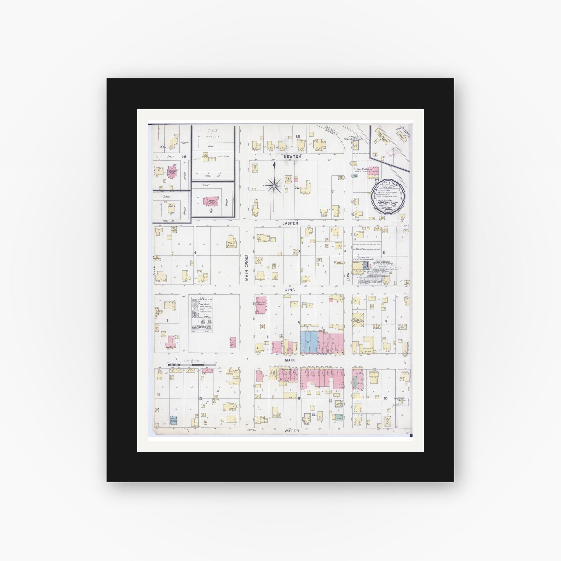 Old map wall art mockup — black gallery frame with white mat — Sanborn Fire Insurance Map from Frankford, Pike County, Missouri (1896), Sheet #0001