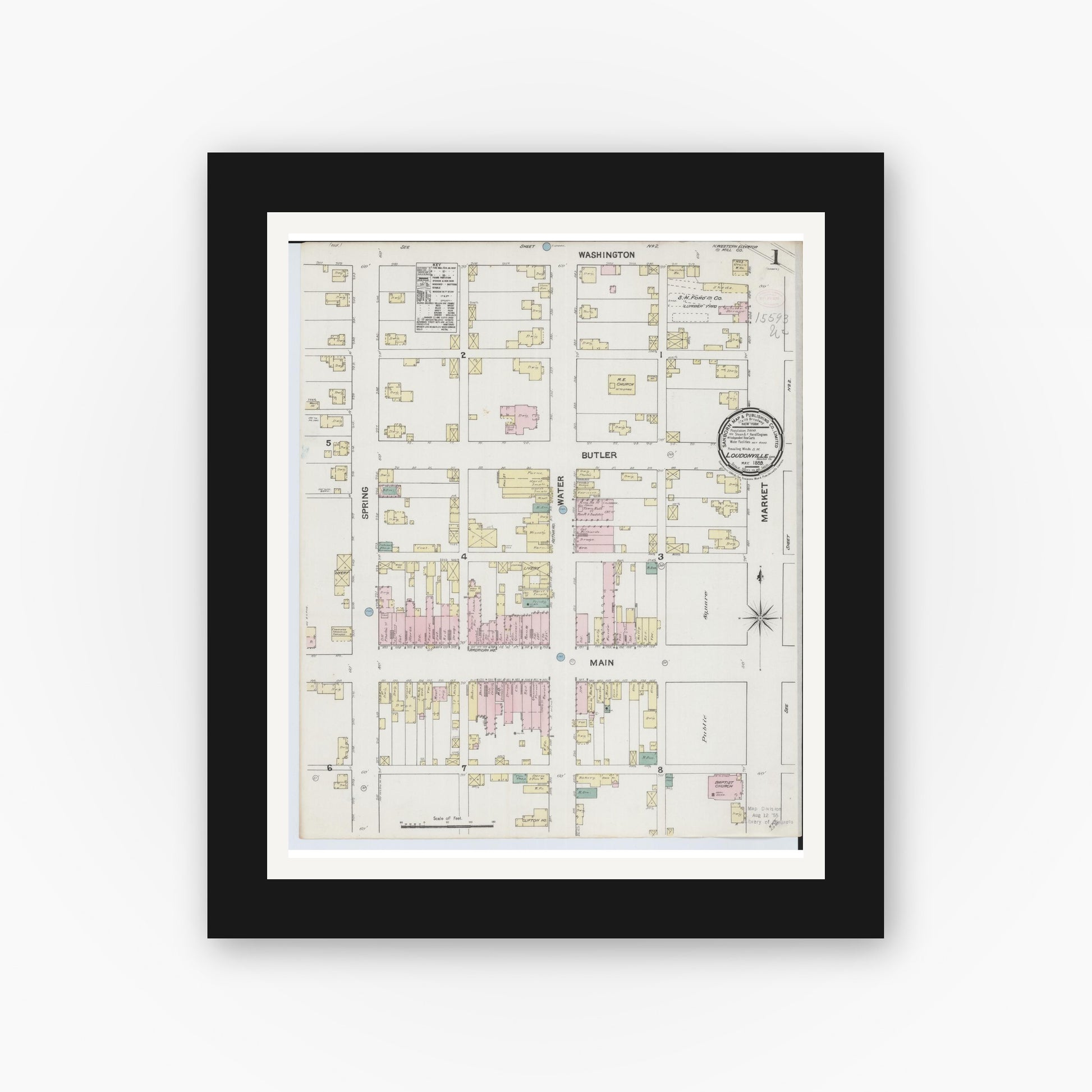 Old map wall art mockup — black gallery frame with white mat — Sanborn Fire Insurance Map from Loudonville, Ashland County, Ohio (1889) - Complete Map Set