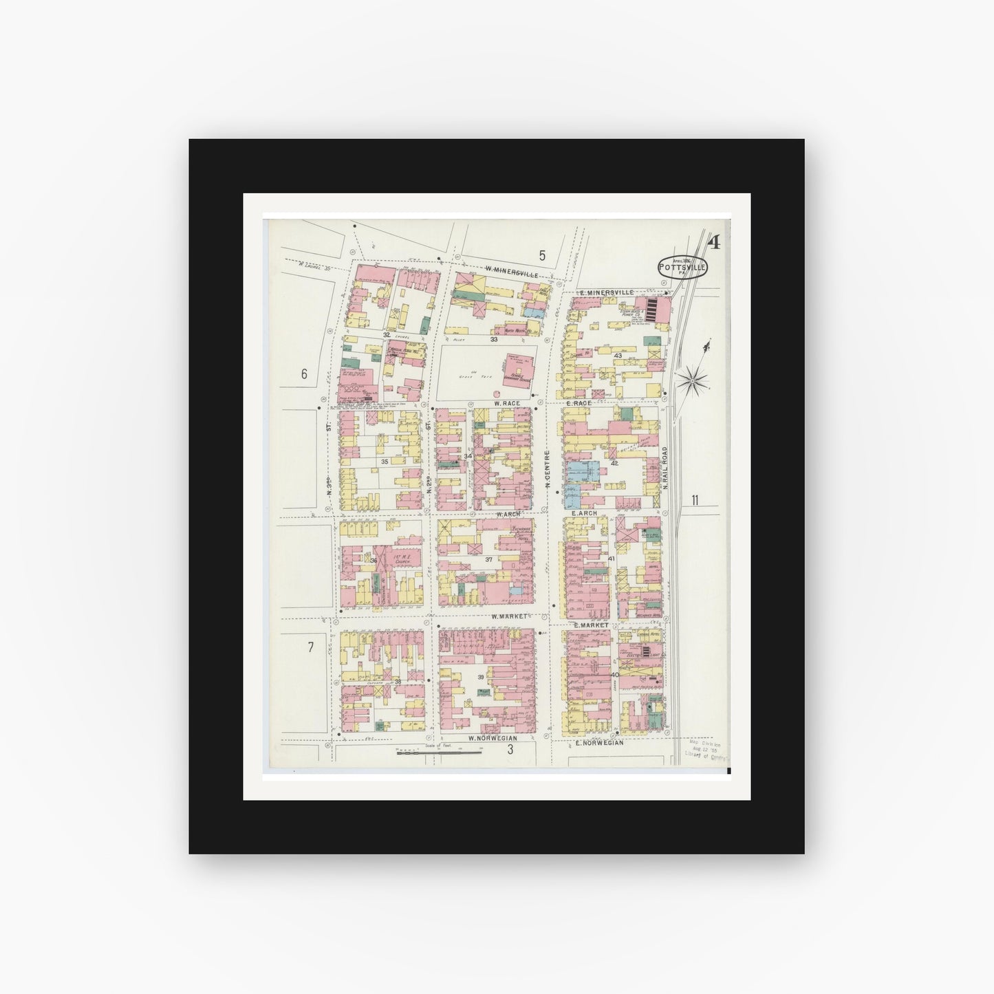 Old map wall art mockup — black gallery frame with white mat — Sanborn Fire Insurance Map from Pottsville, Schuylkill County, Pennsylvania (1895), Sheet #0004