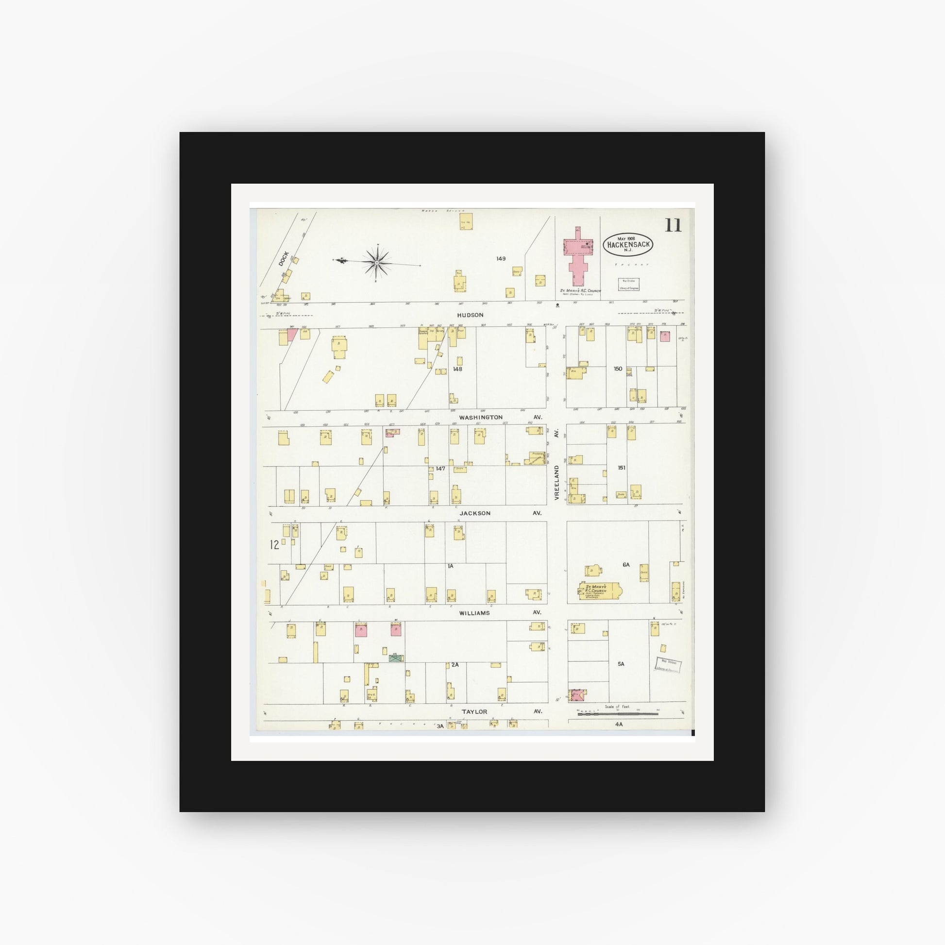 Old map wall art mockup — black gallery frame with white mat — Sanborn Fire Insurance Map from Hackensack, Bergen County, New Jersey (1908), Sheet #0011