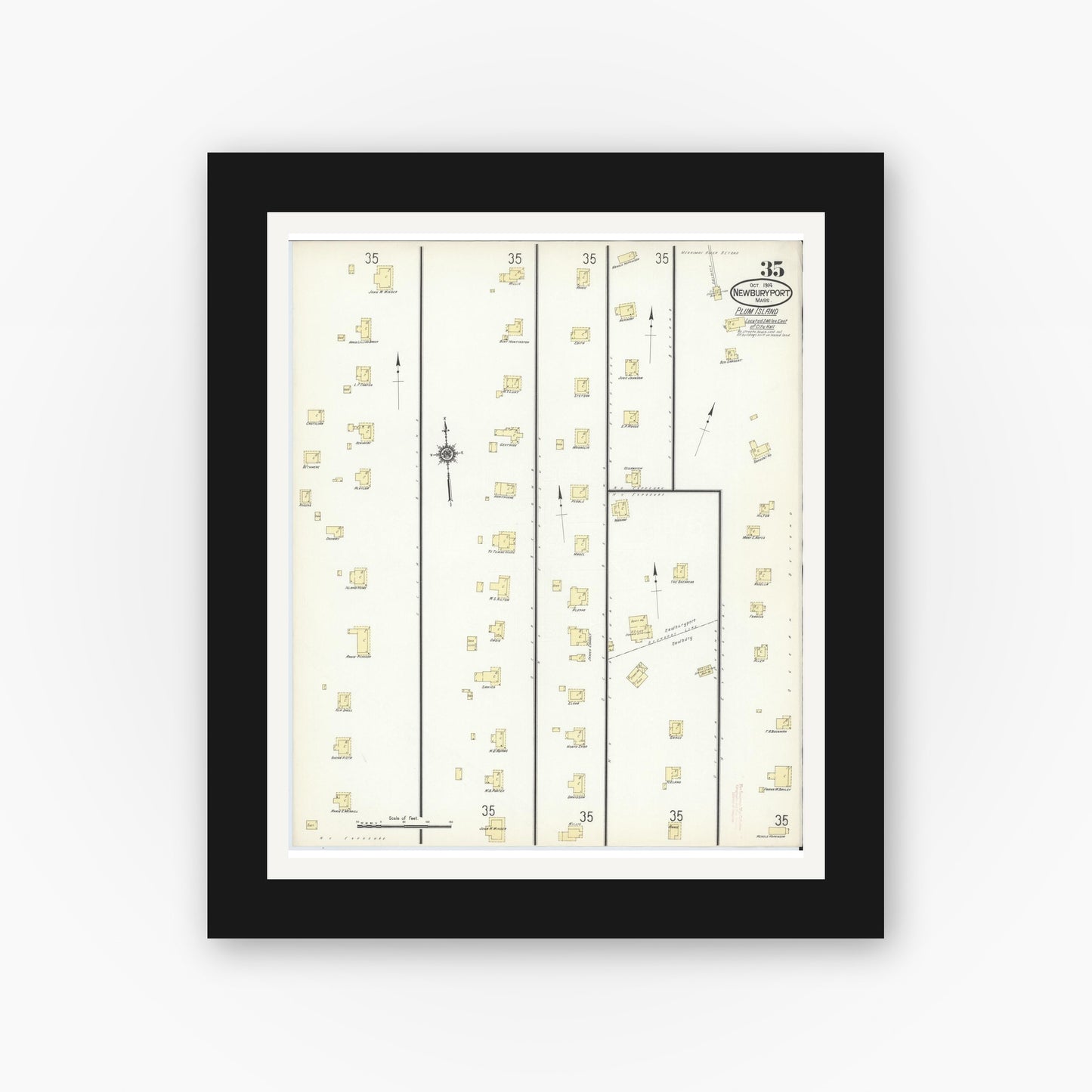 Old map wall art mockup — black gallery frame with white mat — Sanborn Fire Insurance Map from Newburyport, Essex County, Massachusetts (1914), Sheet #0035