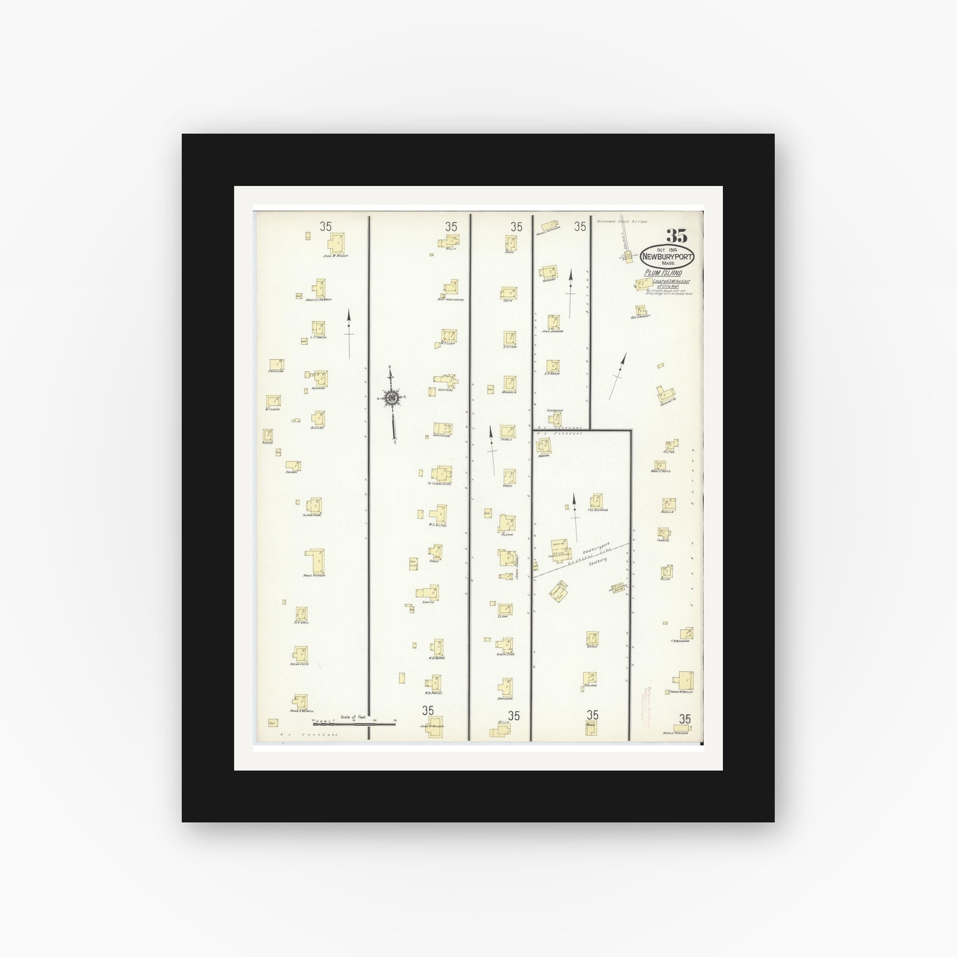 Old map wall art mockup — black gallery frame with white mat — Sanborn Fire Insurance Map from Newburyport, Essex County, Massachusetts (1914), Sheet #0035