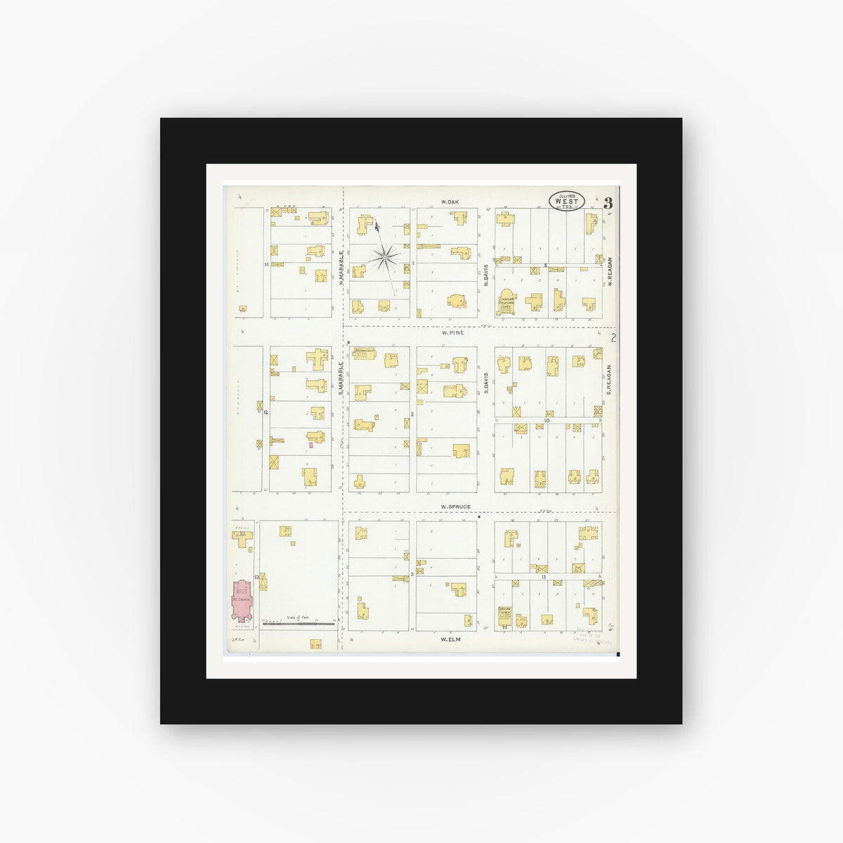 Old map wall art mockup — black gallery frame with white mat — Sanborn Fire Insurance Map from West, McLennan County, Texas (1905), Sheet #0003