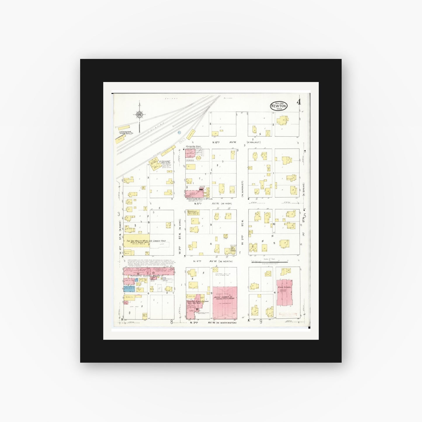 Old map wall art mockup — black gallery frame with white mat — Sanborn Fire Insurance Map from Newton, Jasper County, Iowa (1918), Sheet #0004