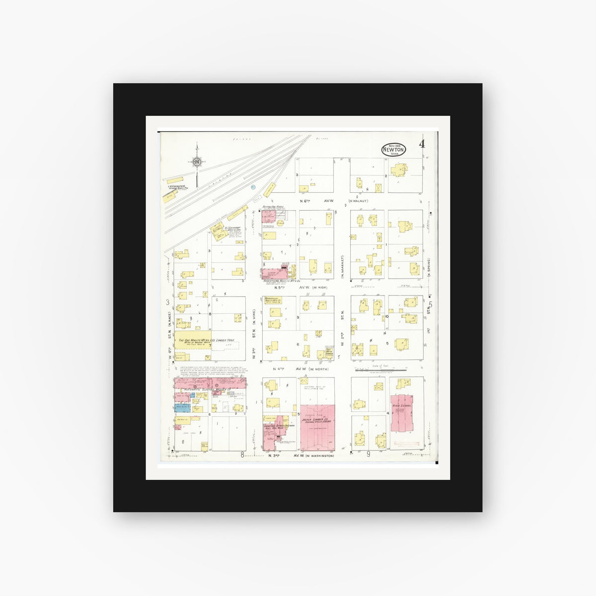 Old map wall art mockup — black gallery frame with white mat — Sanborn Fire Insurance Map from Newton, Jasper County, Iowa (1918), Sheet #0004