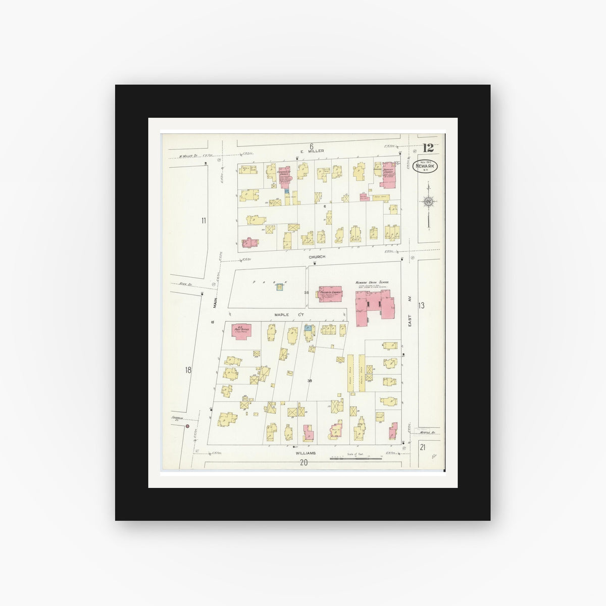 Old map wall art mockup — black gallery frame with white mat — Sanborn Fire Insurance Map from Newark, Wayne County, New York (1912), Sheet #0012