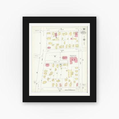Old map wall art mockup — black gallery frame with white mat — Sanborn Fire Insurance Map from Newark, Wayne County, New York (1912), Sheet #0012