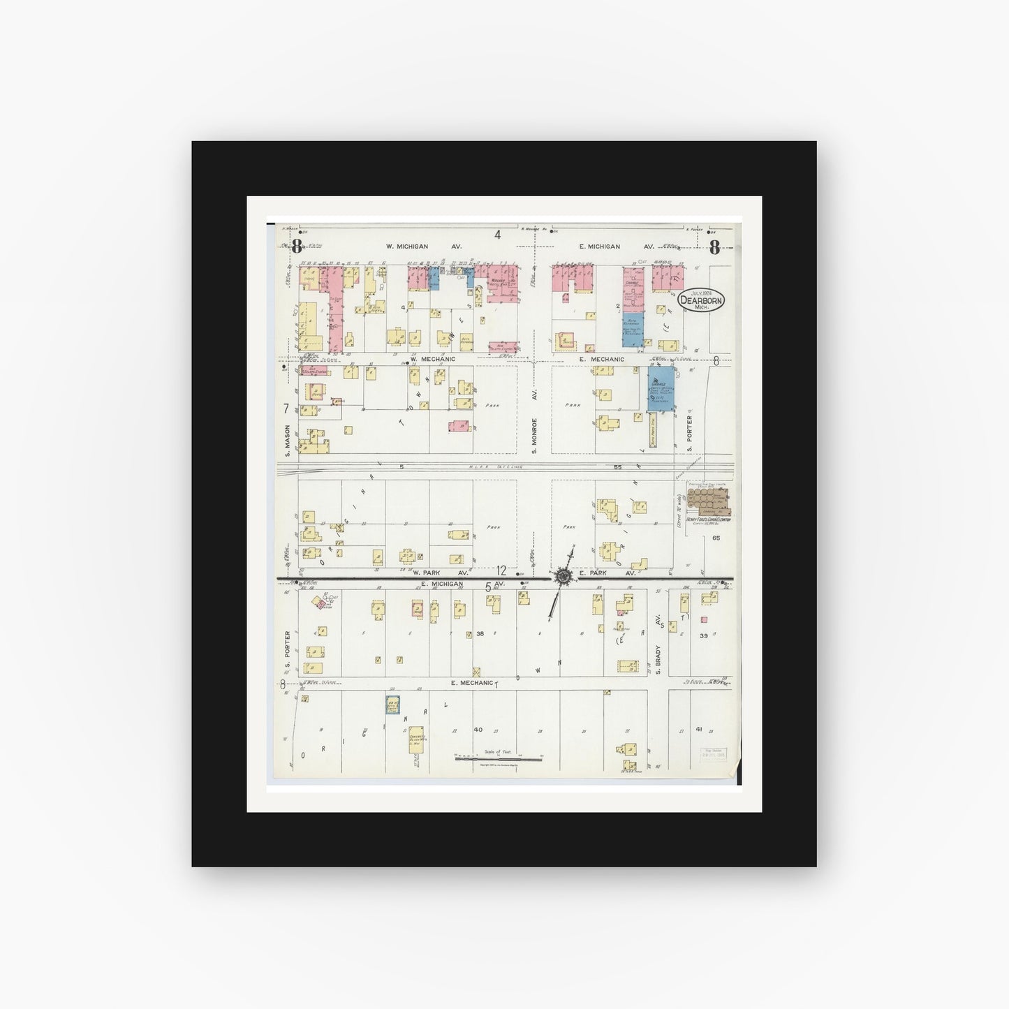Old map wall art mockup — black gallery frame with white mat — Sanborn Fire Insurance Map from Dearborn, Wayne County, Michigan (1924), Sheet #0008