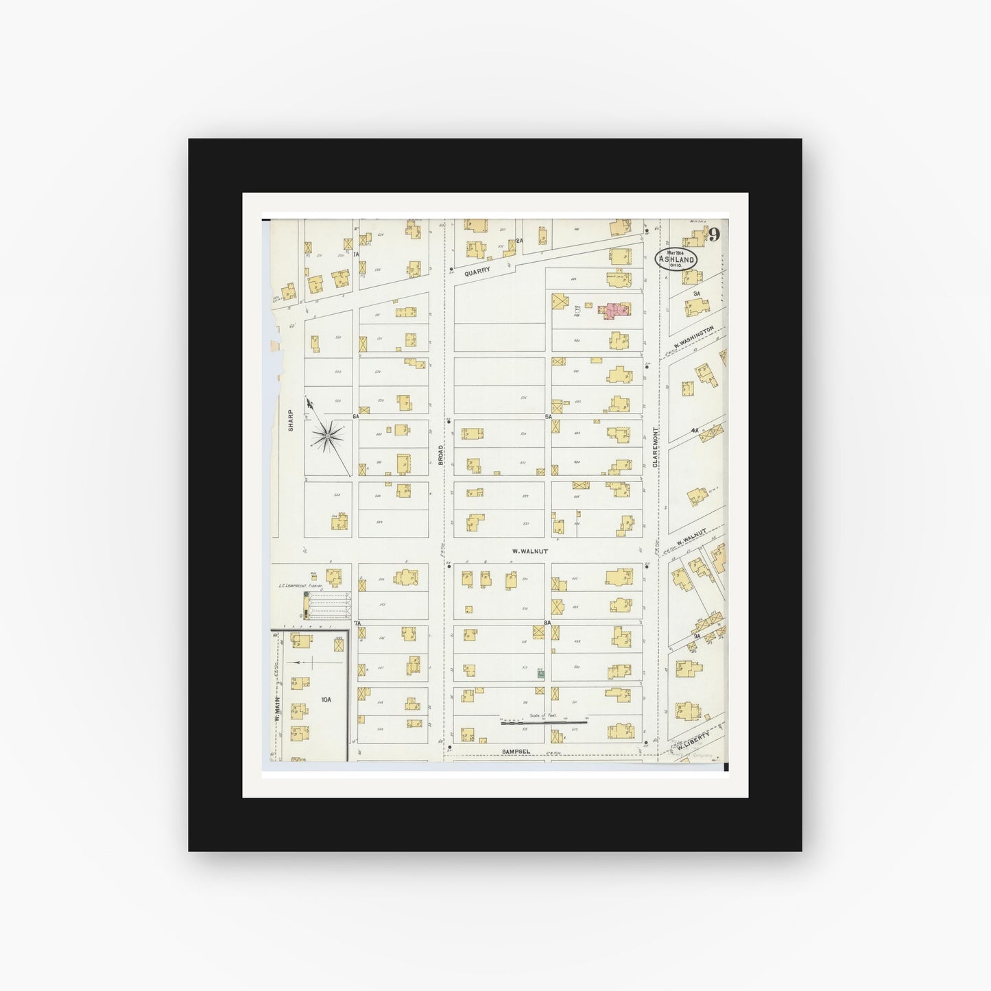 Old map wall art mockup — black gallery frame with white mat — Sanborn Fire Insurance Map from Ashland, Ashland County, Ohio (1904), Sheet #0009