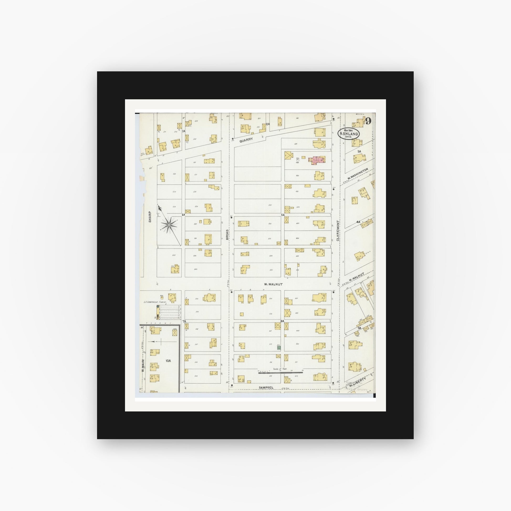 Old map wall art mockup — black gallery frame with white mat — Sanborn Fire Insurance Map from Ashland, Ashland County, Ohio (1904), Sheet #0009