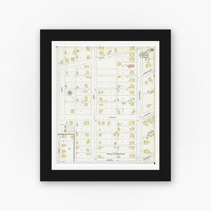 Old map wall art mockup — black gallery frame with white mat — Sanborn Fire Insurance Map from Ashland, Ashland County, Ohio (1904), Sheet #0009