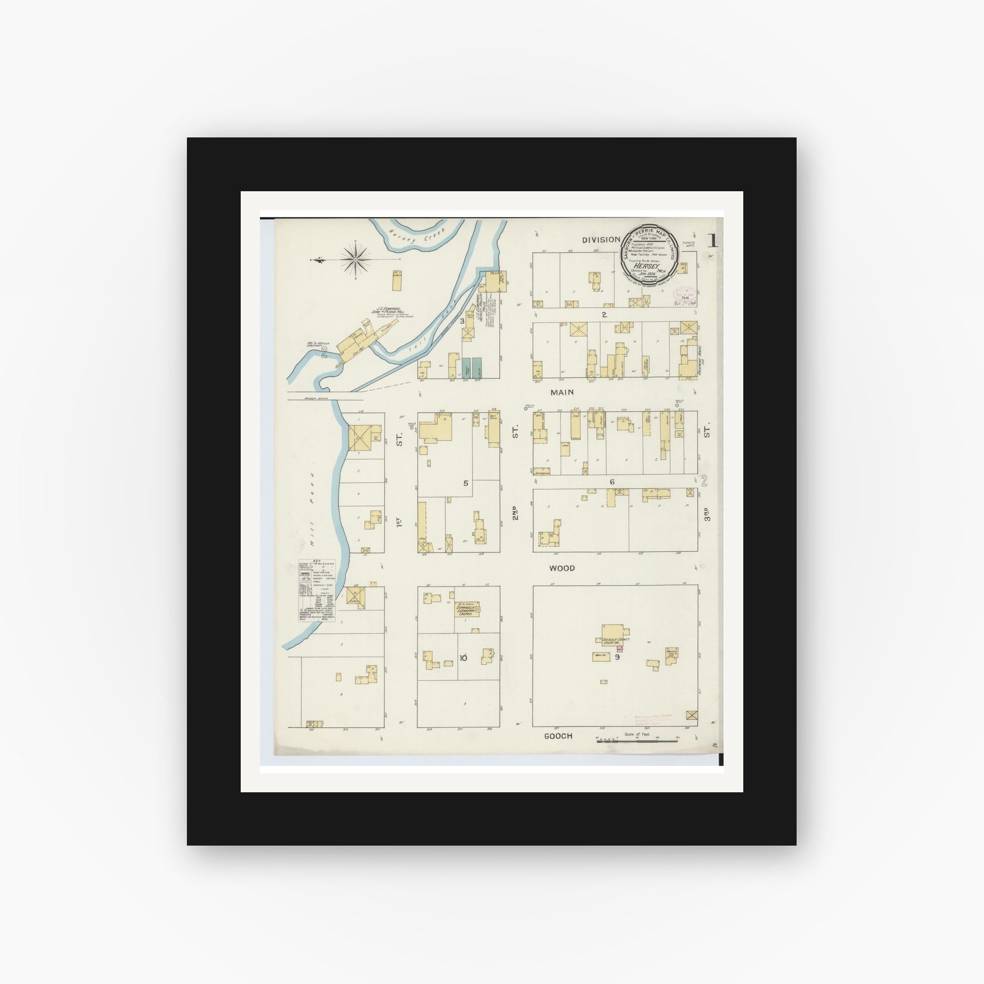 Old map wall art mockup — black gallery frame with white mat — Sanborn Fire Insurance Map from Hersey, Osceola County, Michigan (1894) - Complete Map Set