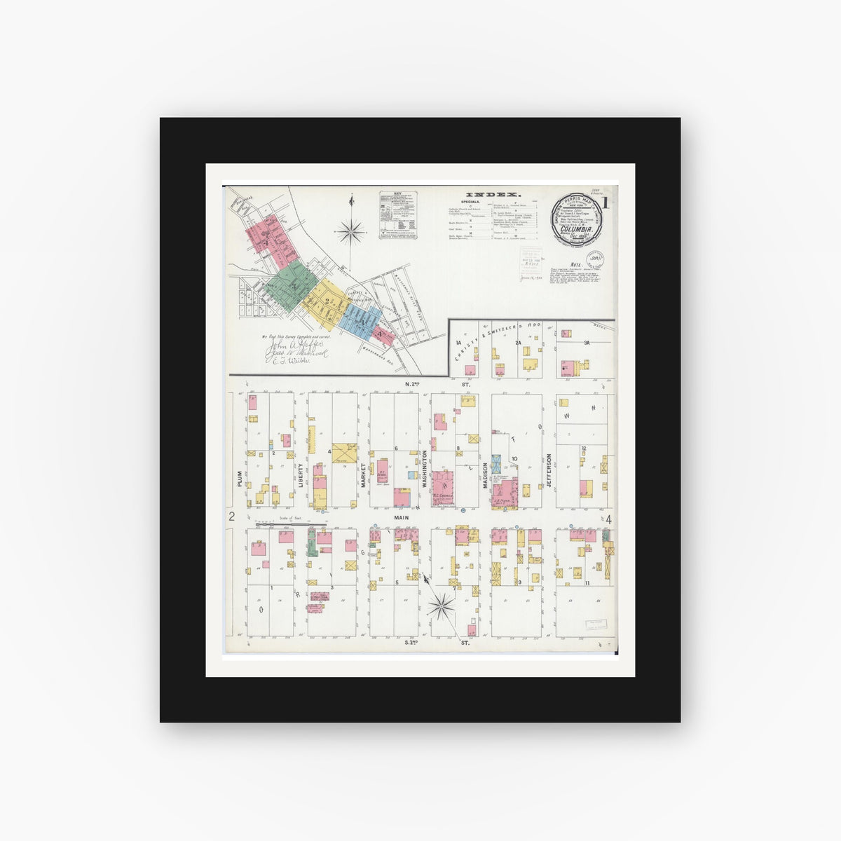 Old map wall art mockup — black gallery frame with white mat — Sanborn Fire Insurance Map from Columbia, Monroe County, Illinois (1899), Sheet #0001