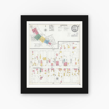 Old map wall art mockup — black gallery frame with white mat — Sanborn Fire Insurance Map from Columbia, Monroe County, Illinois (1899), Sheet #0001