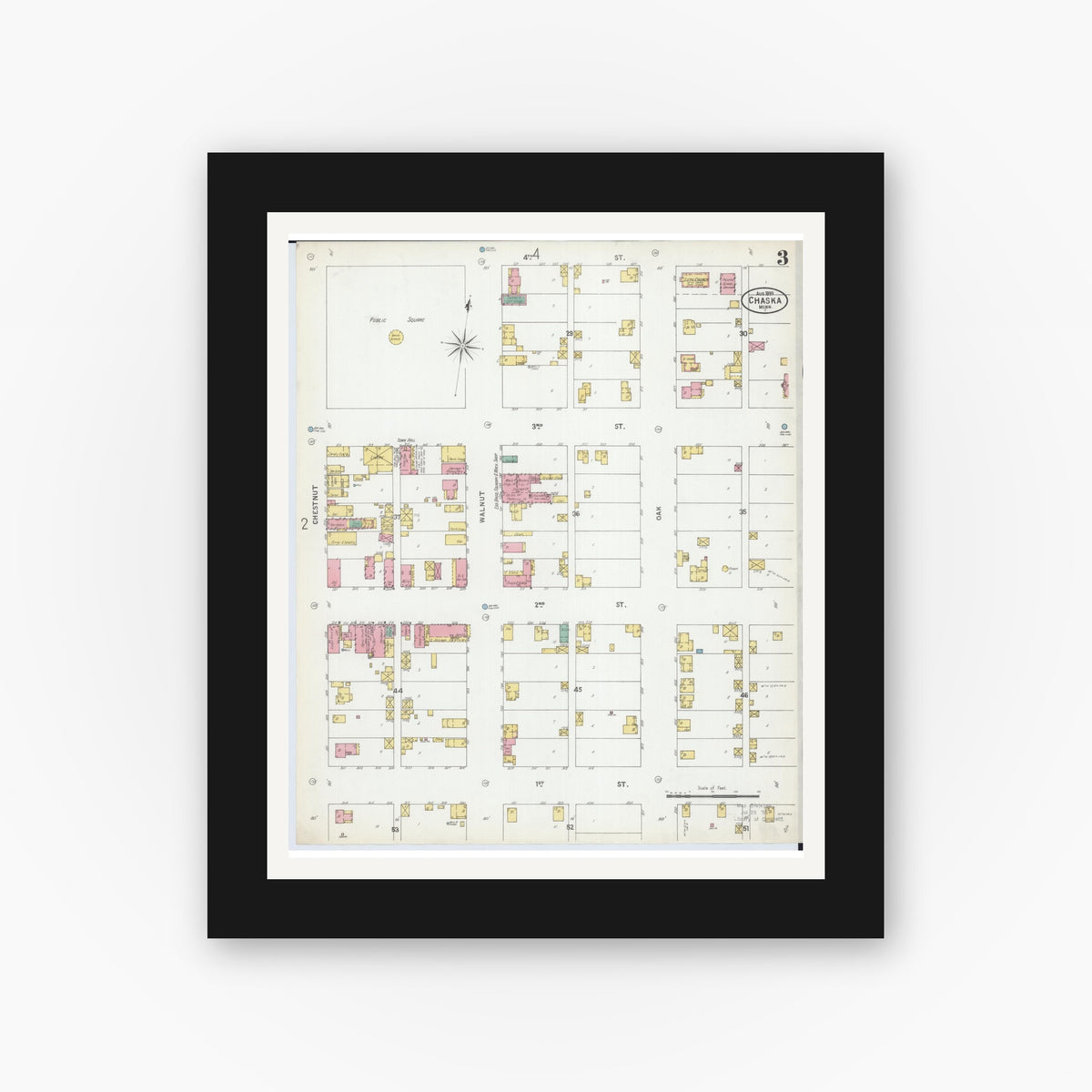Old map wall art mockup — black gallery frame with white mat — Sanborn Fire Insurance Map from Chaska, Carver County, Minnesota (1899), Sheet #0003