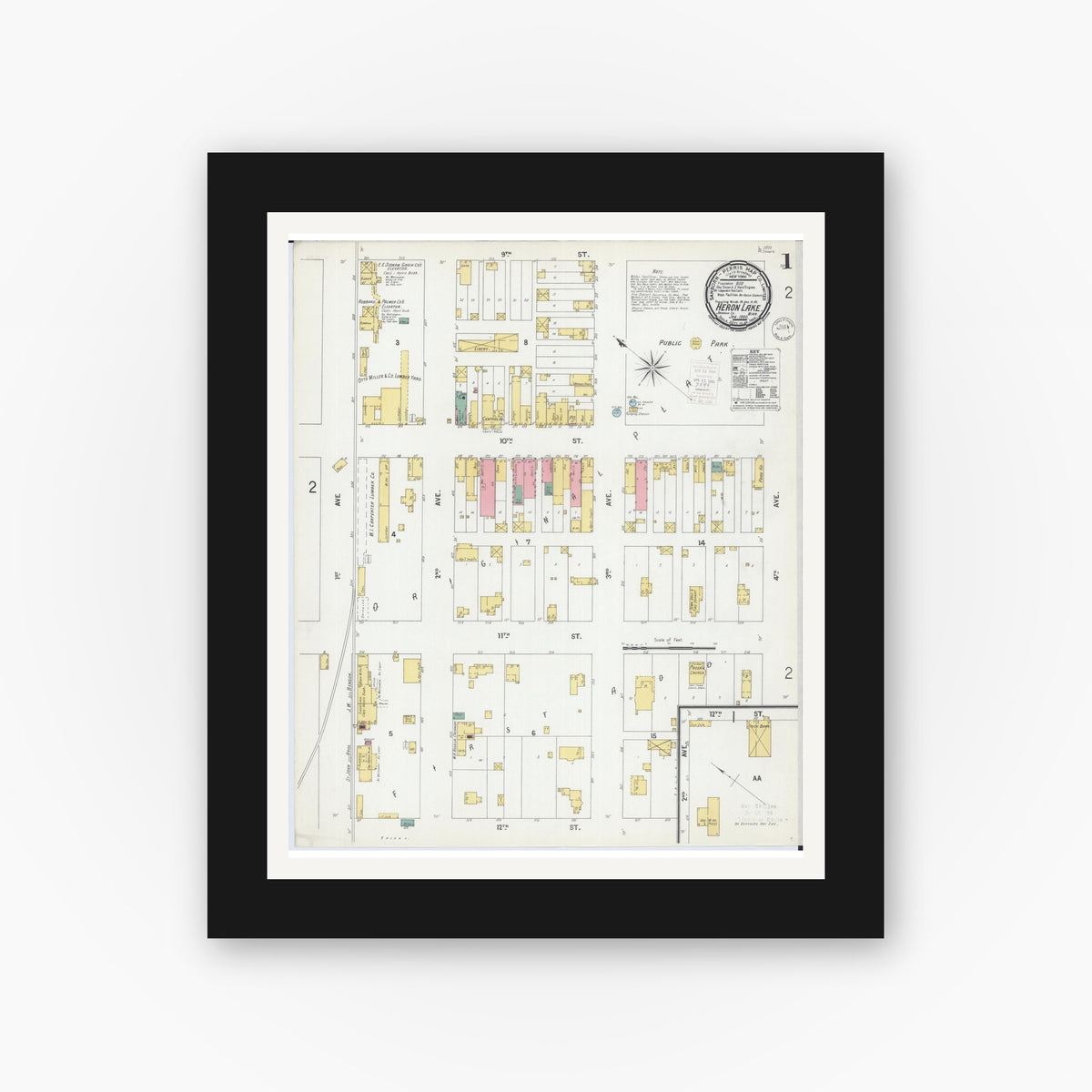 Old map wall art mockup — black gallery frame with white mat — Sanborn Fire Insurance Map from Heron Lake, Jackson County, Minnesota (1900) - Complete Map Set