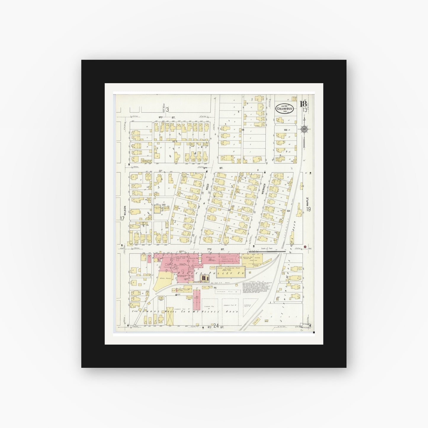 Old map wall art mockup — black gallery frame with white mat — Sanborn Fire Insurance Map from Columbus, Bartholomew County, Indiana (1912), Sheet #0018