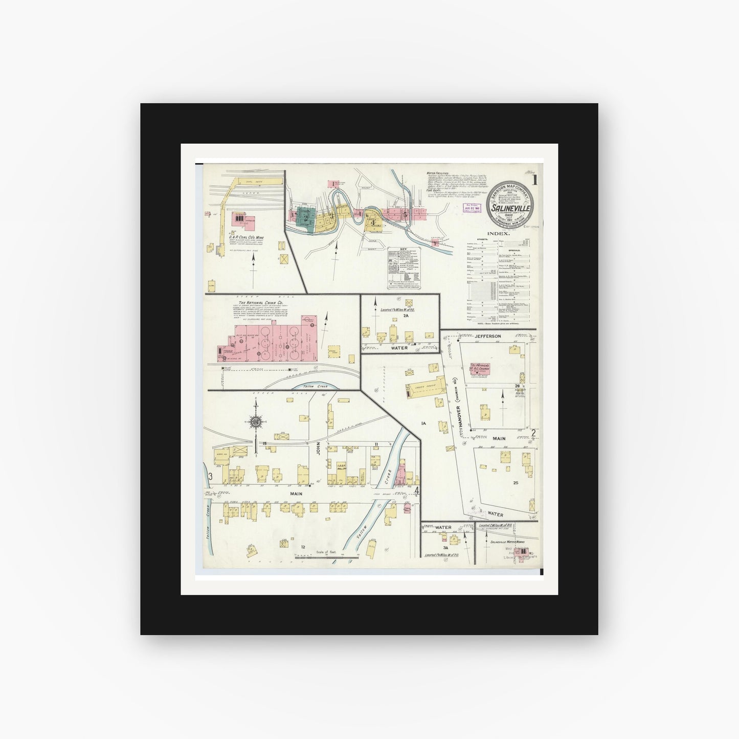 Old map wall art mockup — black gallery frame with white mat — Sanborn Fire Insurance Map from Salineville, Columbiana County, Ohio (1911) - Complete Map Set