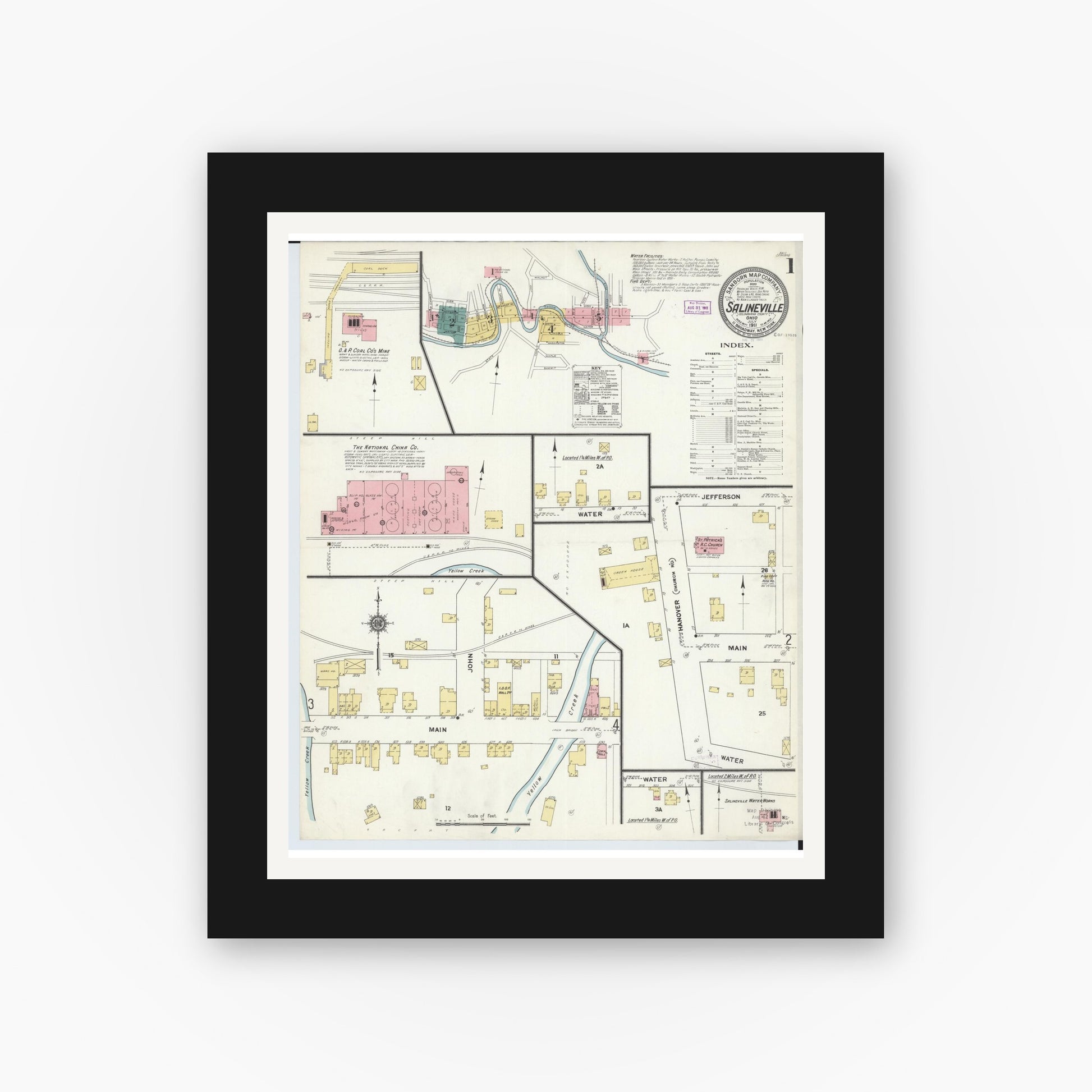 Old map wall art mockup — black gallery frame with white mat — Sanborn Fire Insurance Map from Salineville, Columbiana County, Ohio (1911) - Complete Map Set