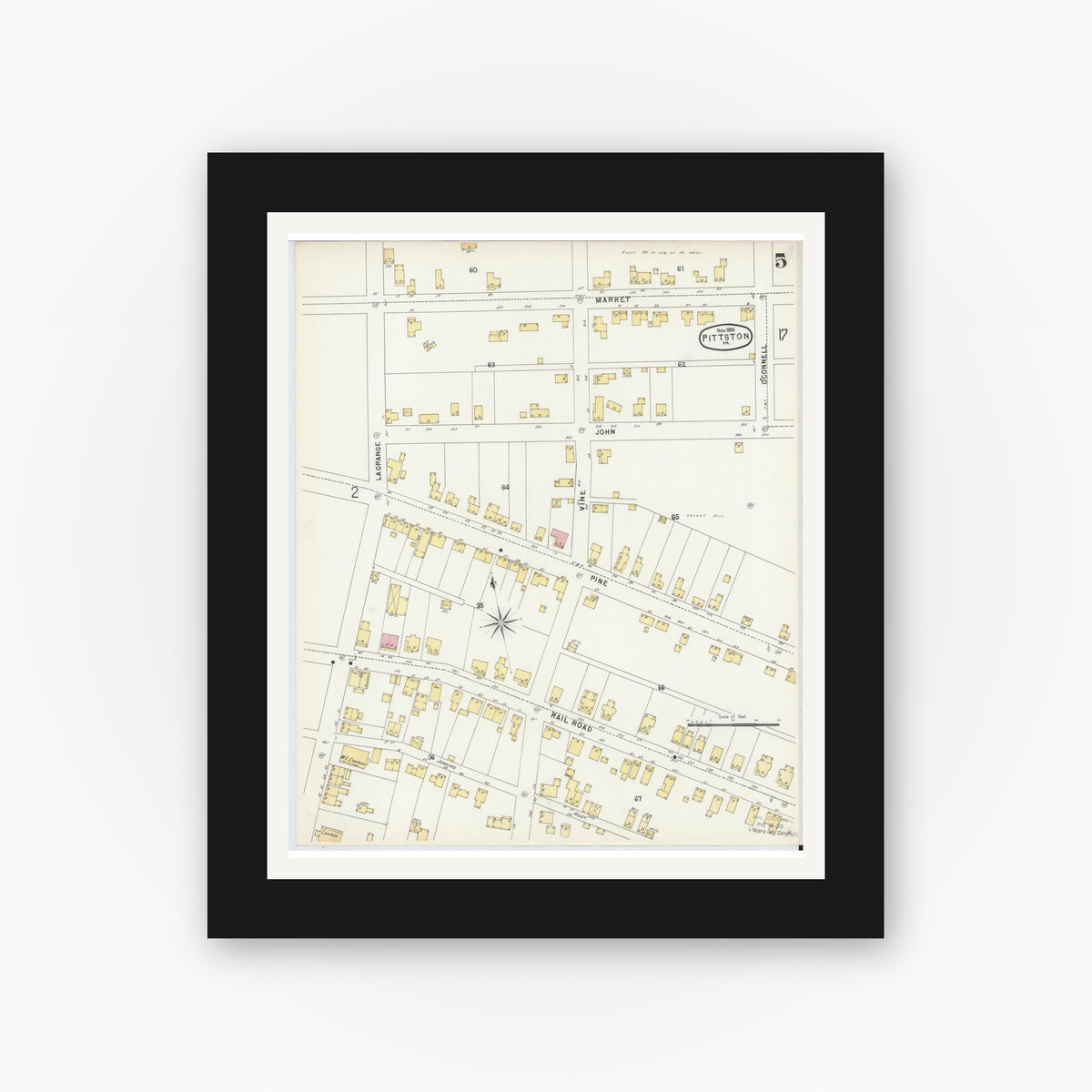 Old map wall art mockup — black gallery frame with white mat — Sanborn Fire Insurance Map from Pittston, Luzerne County, Pennsylvania (1896), Sheet #0005