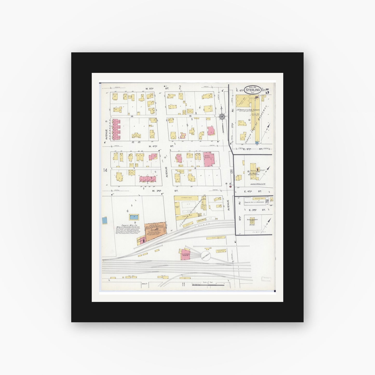 Old map wall art mockup — black gallery frame with white mat — Sanborn Fire Insurance Map from Sterling, Whiteside County, Illinois (1916), Sheet #0005