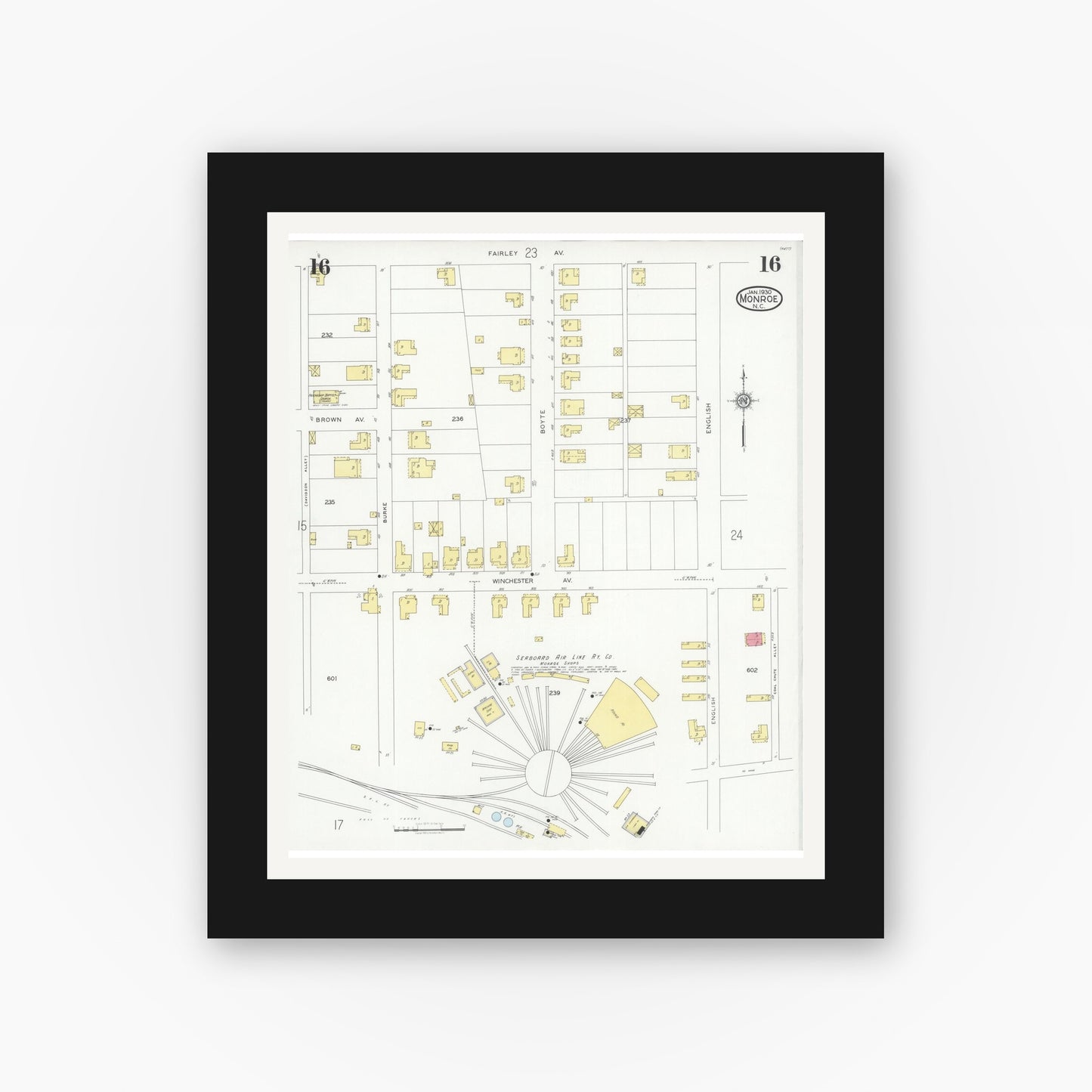 Old map wall art mockup — black gallery frame with white mat — Sanborn Fire Insurance Map from Monroe, Union County, North Carolina (1930), Sheet #0016