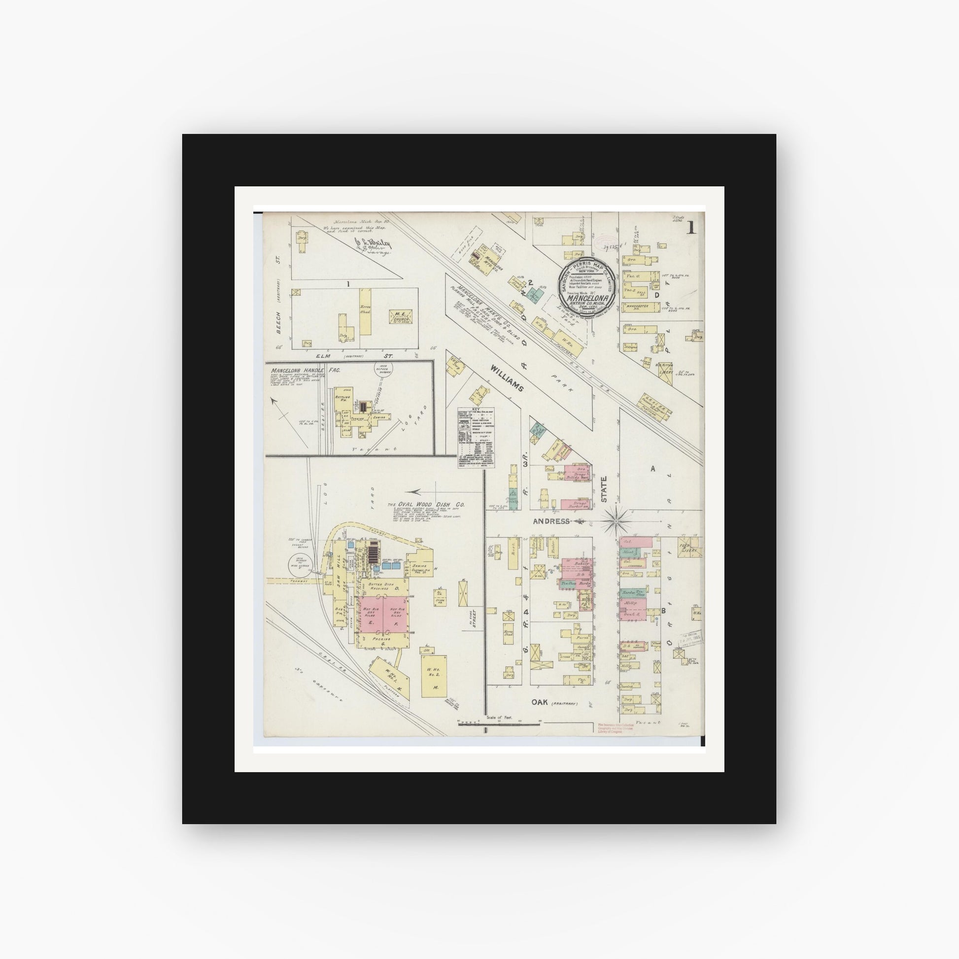 Old map wall art mockup — black gallery frame with white mat — Sanborn Fire Insurance Map from Mancelona, Antrim County, Michigan (1890) - Complete Map Set