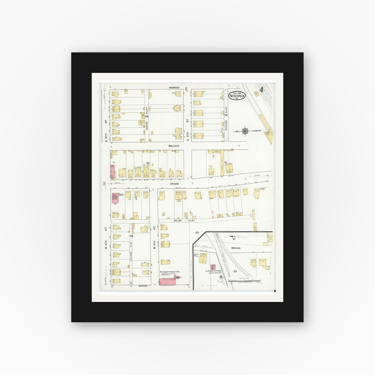 Old map wall art mockup — black gallery frame with white mat — Sanborn Fire Insurance Map from Nescopeck, Luzerne County, Pennsylvania (1919), Sheet #0004
