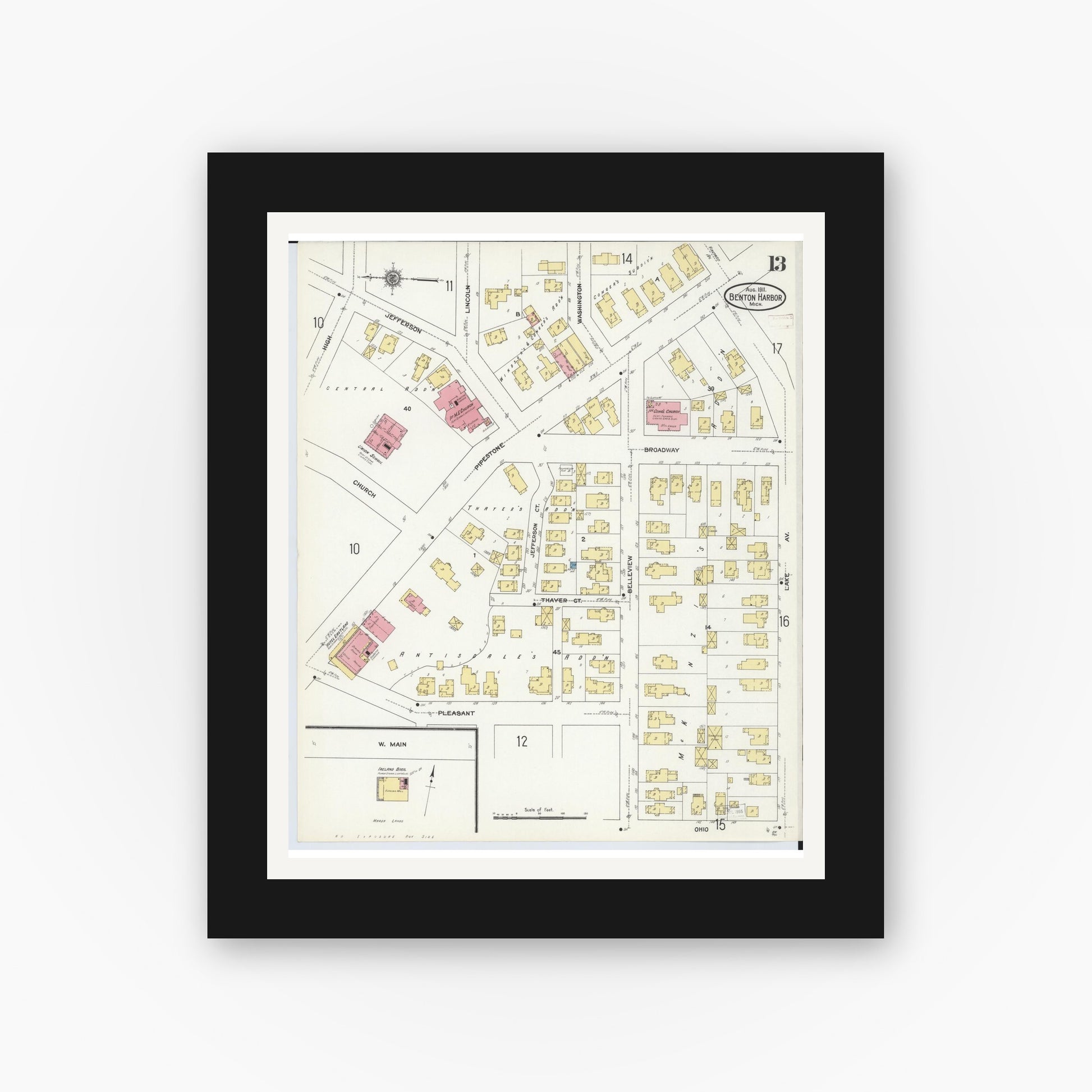 Old map wall art mockup — black gallery frame with white mat — Sanborn Fire Insurance Map from Benton Harbor, Berrien County, Michigan (1911), Sheet #0013
