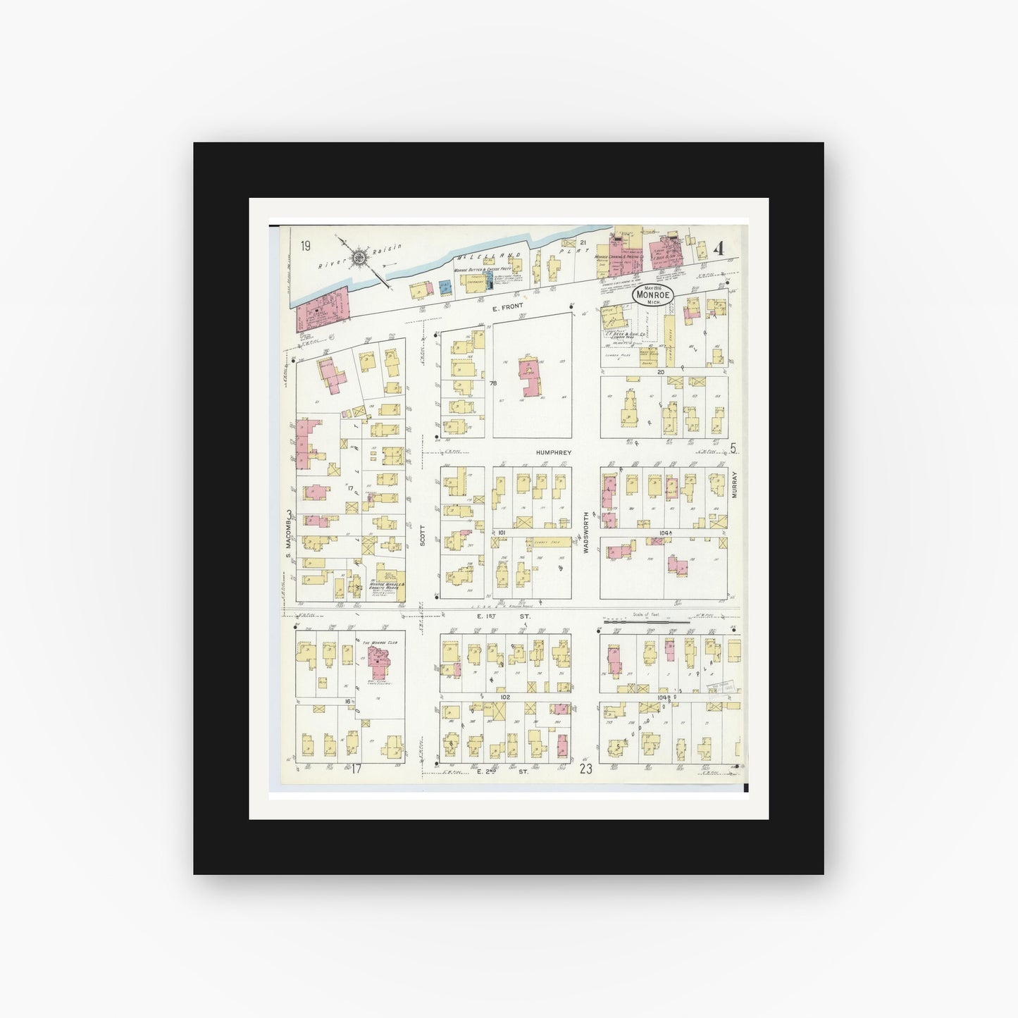 Old map wall art mockup — black gallery frame with white mat — Sanborn Fire Insurance Map from Monroe, Monroe County, Michigan (1916), Sheet #0004