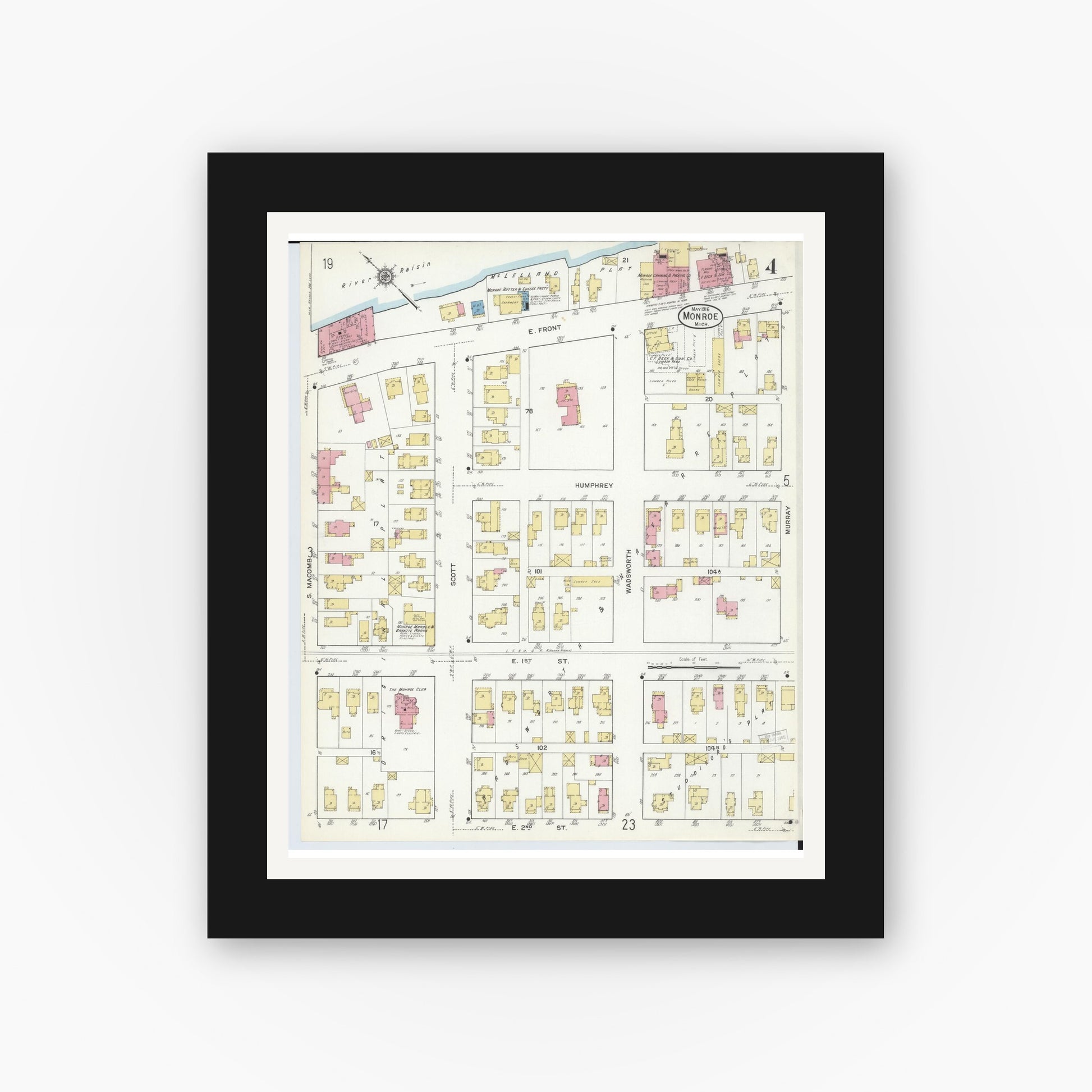 Old map wall art mockup — black gallery frame with white mat — Sanborn Fire Insurance Map from Monroe, Monroe County, Michigan (1916), Sheet #0004
