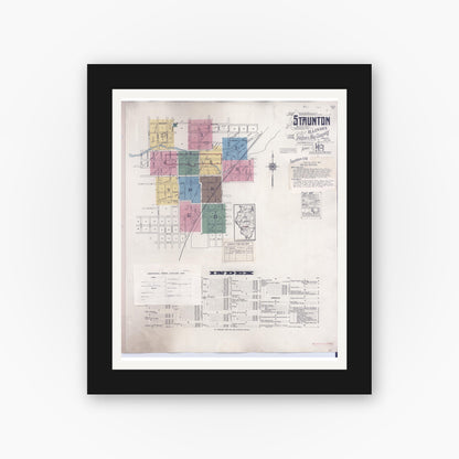 Old map wall art mockup — black gallery frame with white mat — Sanborn Fire Insurance Map from Staunton, Macoupin County, Illinois (1948), Sheet #0001