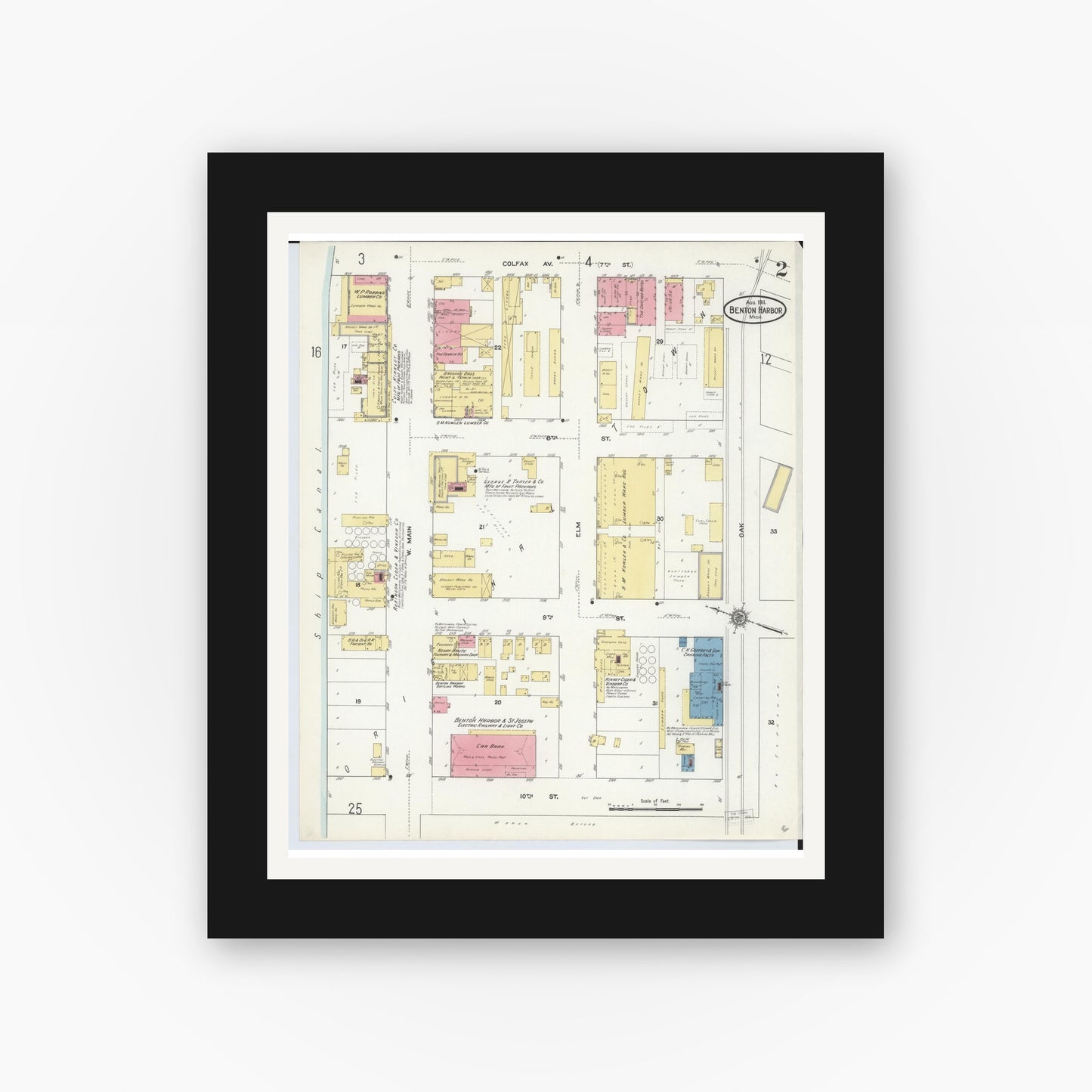 Old map wall art mockup — black gallery frame with white mat — Sanborn Fire Insurance Map from Benton Harbor, Berrien County, Michigan (1911), Sheet #0002