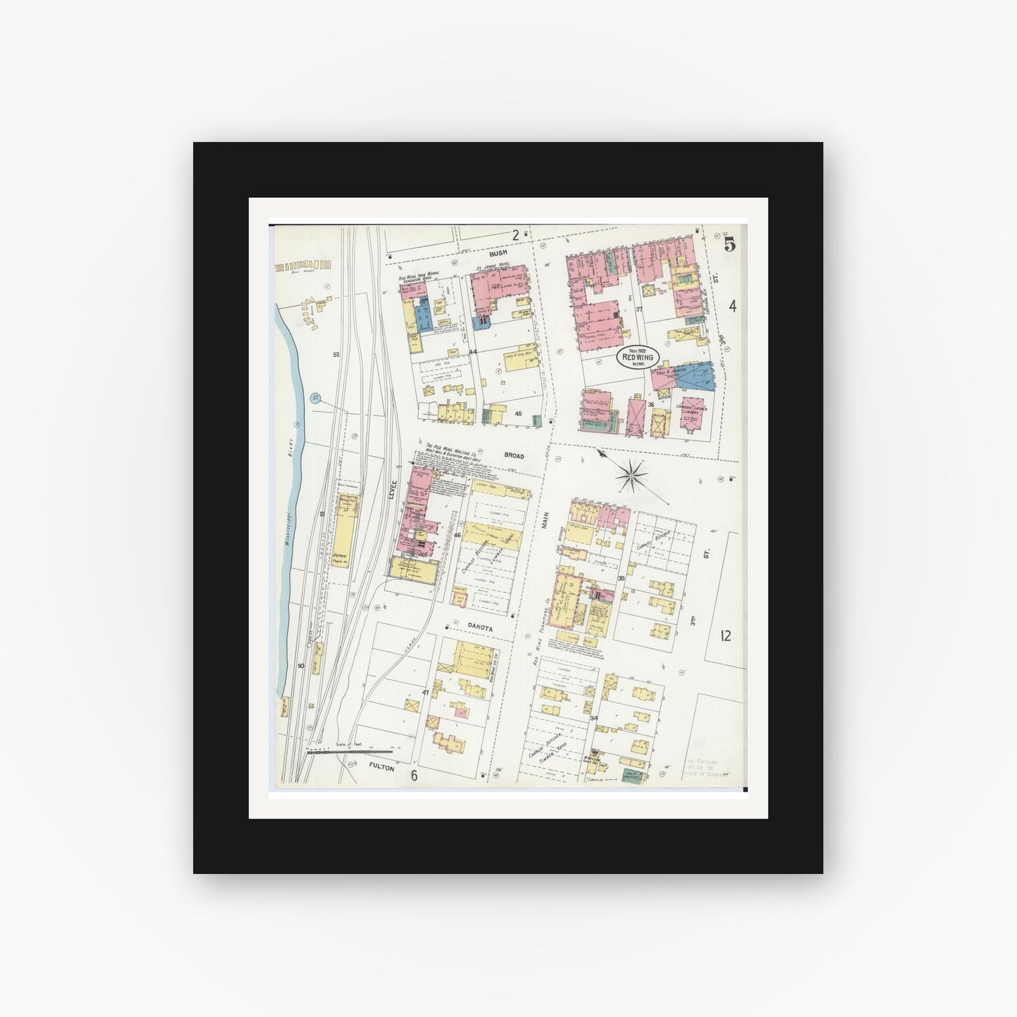 Old map wall art mockup — black gallery frame with white mat — Sanborn Fire Insurance Map from Red Wing, Goodhue County, Minnesota (1902), Sheet #0005
