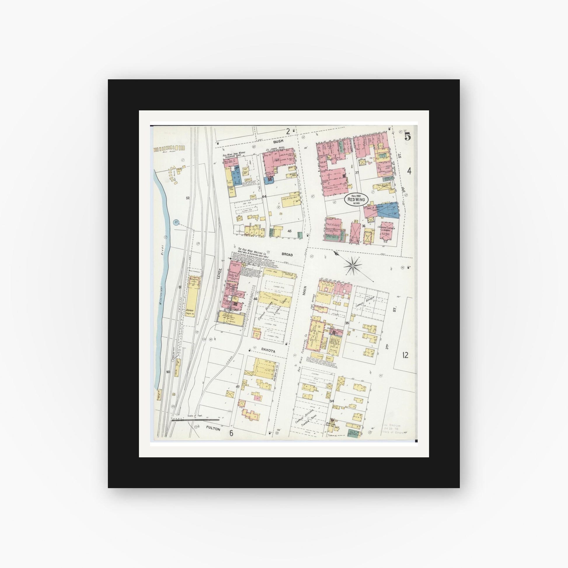 Old map wall art mockup — black gallery frame with white mat — Sanborn Fire Insurance Map from Red Wing, Goodhue County, Minnesota (1902), Sheet #0005