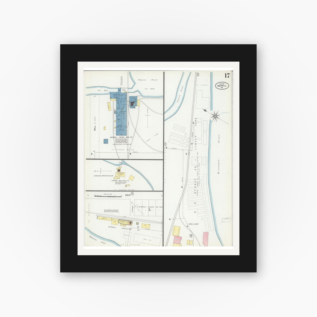 Old map wall art mockup — black gallery frame with white mat — Sanborn Fire Insurance Map from Merrill, Lincoln County, Wisconsin (1907), Sheet #0017