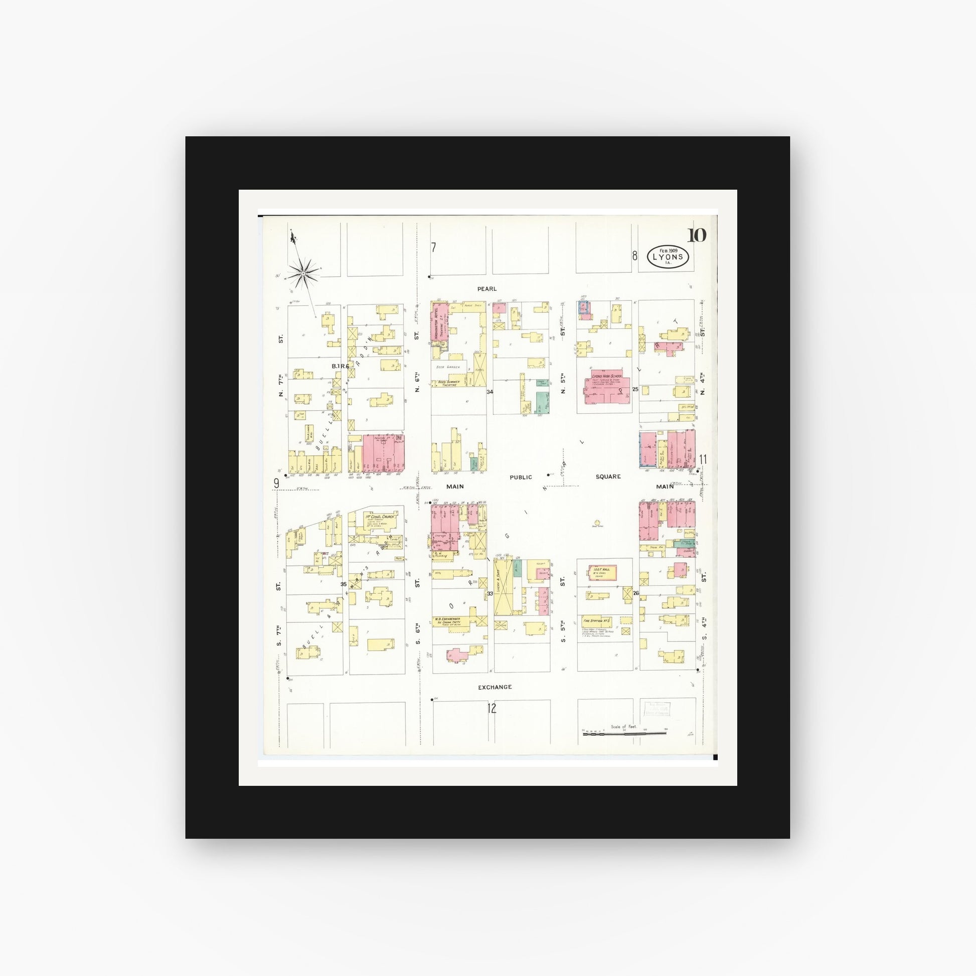 Old map wall art mockup — black gallery frame with white mat — Sanborn Fire Insurance Map from Lyons, Clinton County, Iowa (1909), Sheet #0010