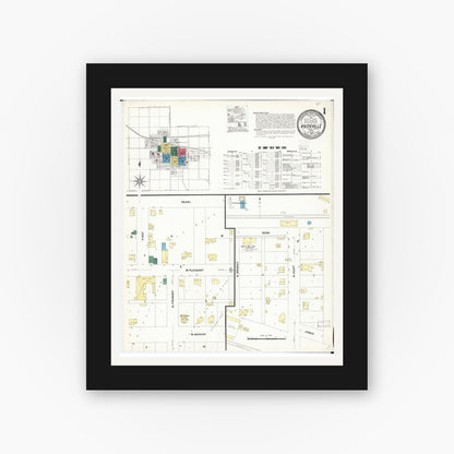 Old map wall art mockup — black gallery frame with white mat — Sanborn Fire Insurance Map from Knoxville, Marion County, Iowa (1907) â€” Complete Set