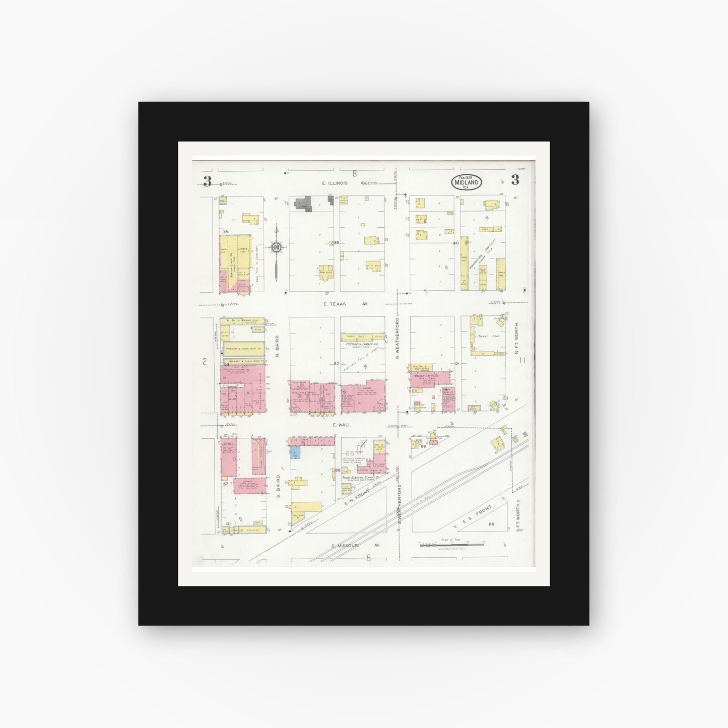 Old map wall art mockup — black gallery frame with white mat — Sanborn Fire Insurance Map from Midland, Midland County, Texas (1929), Sheet #0003