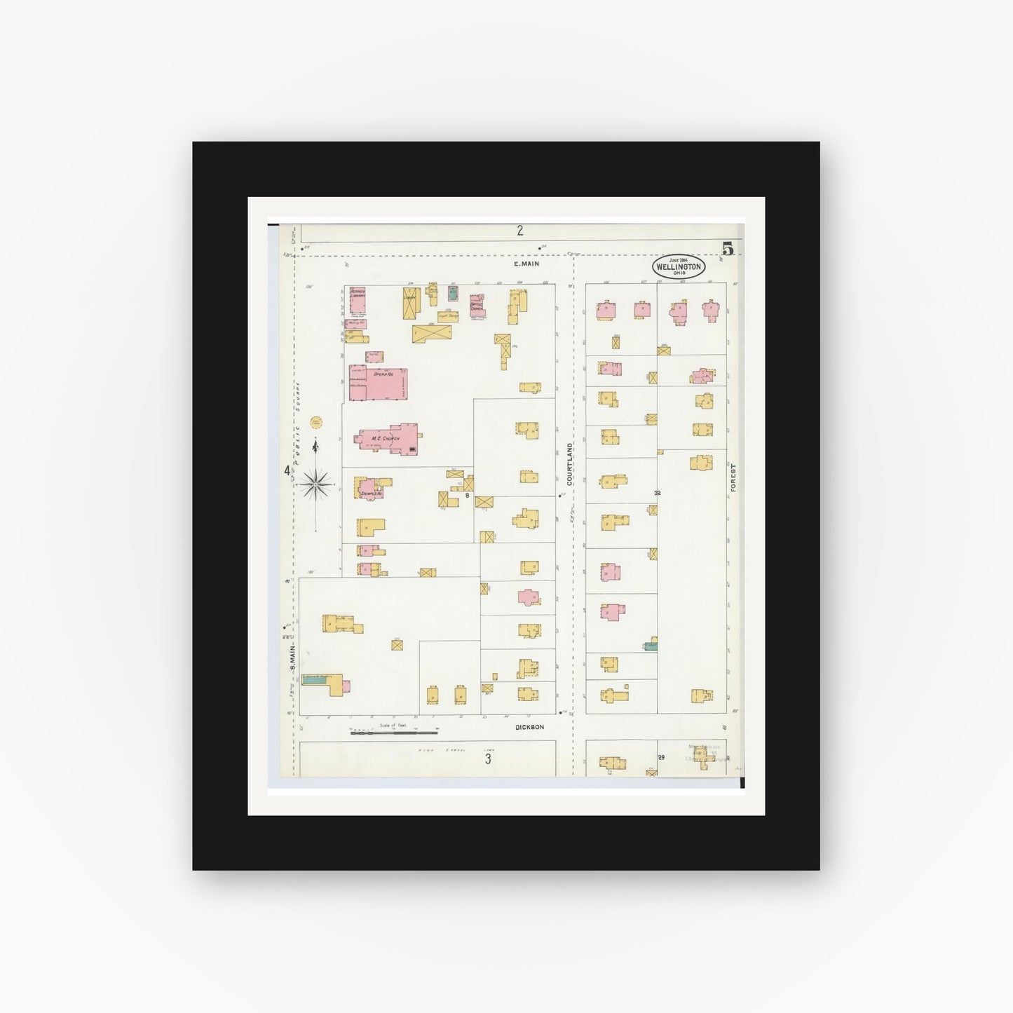 Old map wall art mockup — black gallery frame with white mat — Sanborn Fire Insurance Map from Wellington, Lorain County, Ohio (1904), Sheet #0005