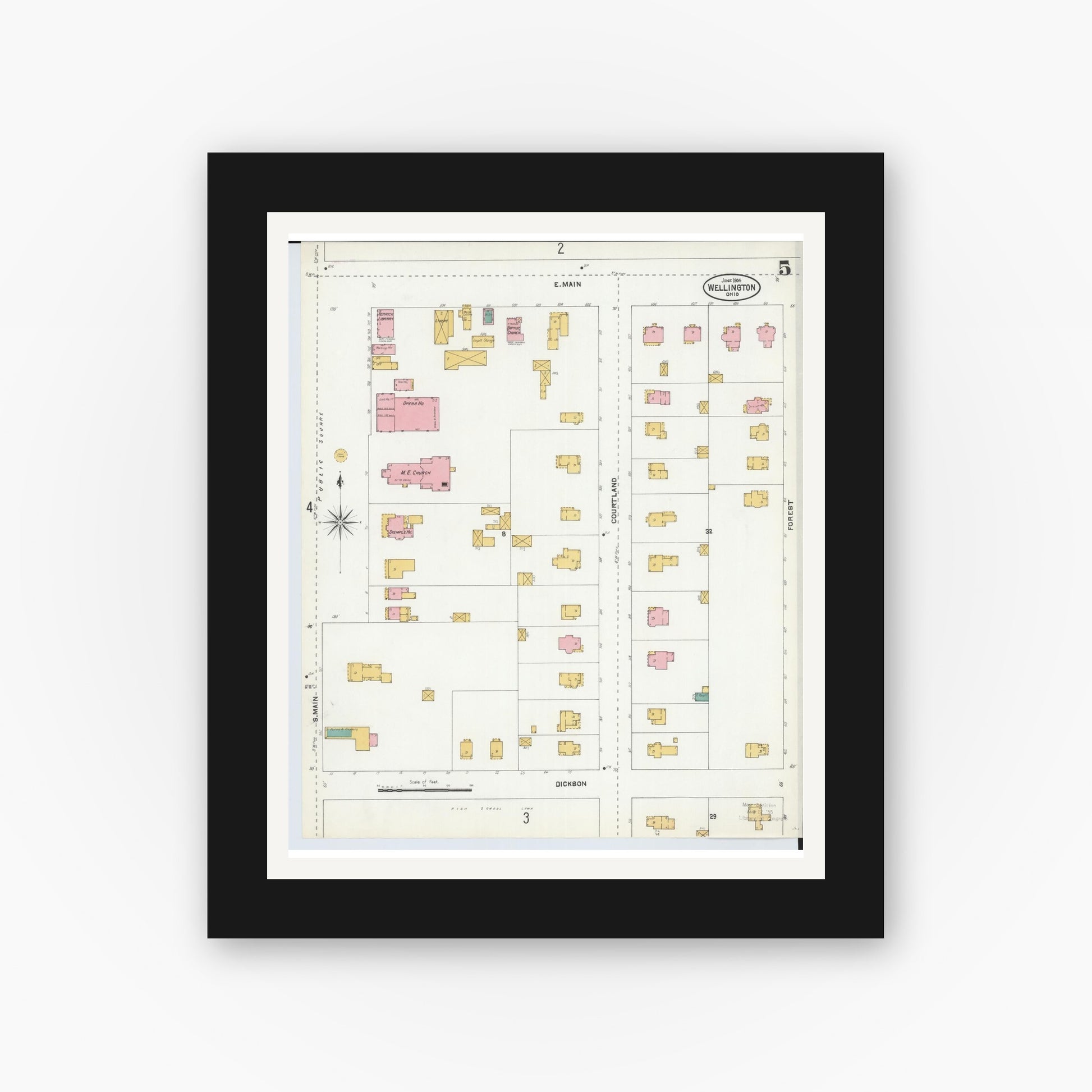 Old map wall art mockup — black gallery frame with white mat — Sanborn Fire Insurance Map from Wellington, Lorain County, Ohio (1904), Sheet #0005