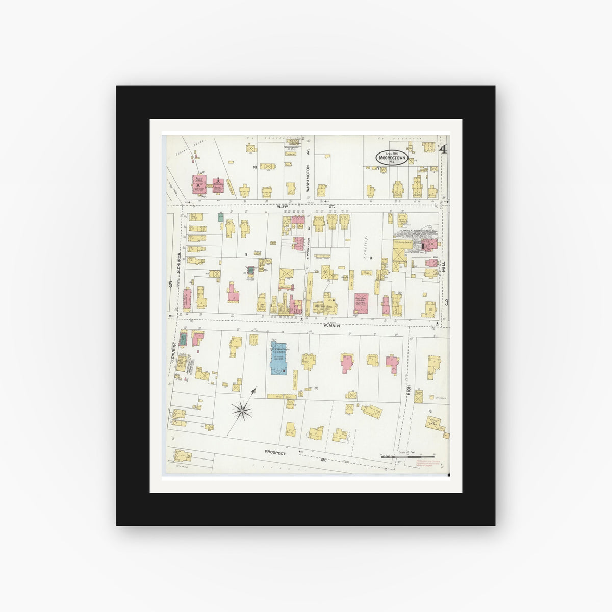 Old map wall art mockup — black gallery frame with white mat — Sanborn Fire Insurance Map from Moorestown, Burlington County, New Jersey (1905), Sheet #0004