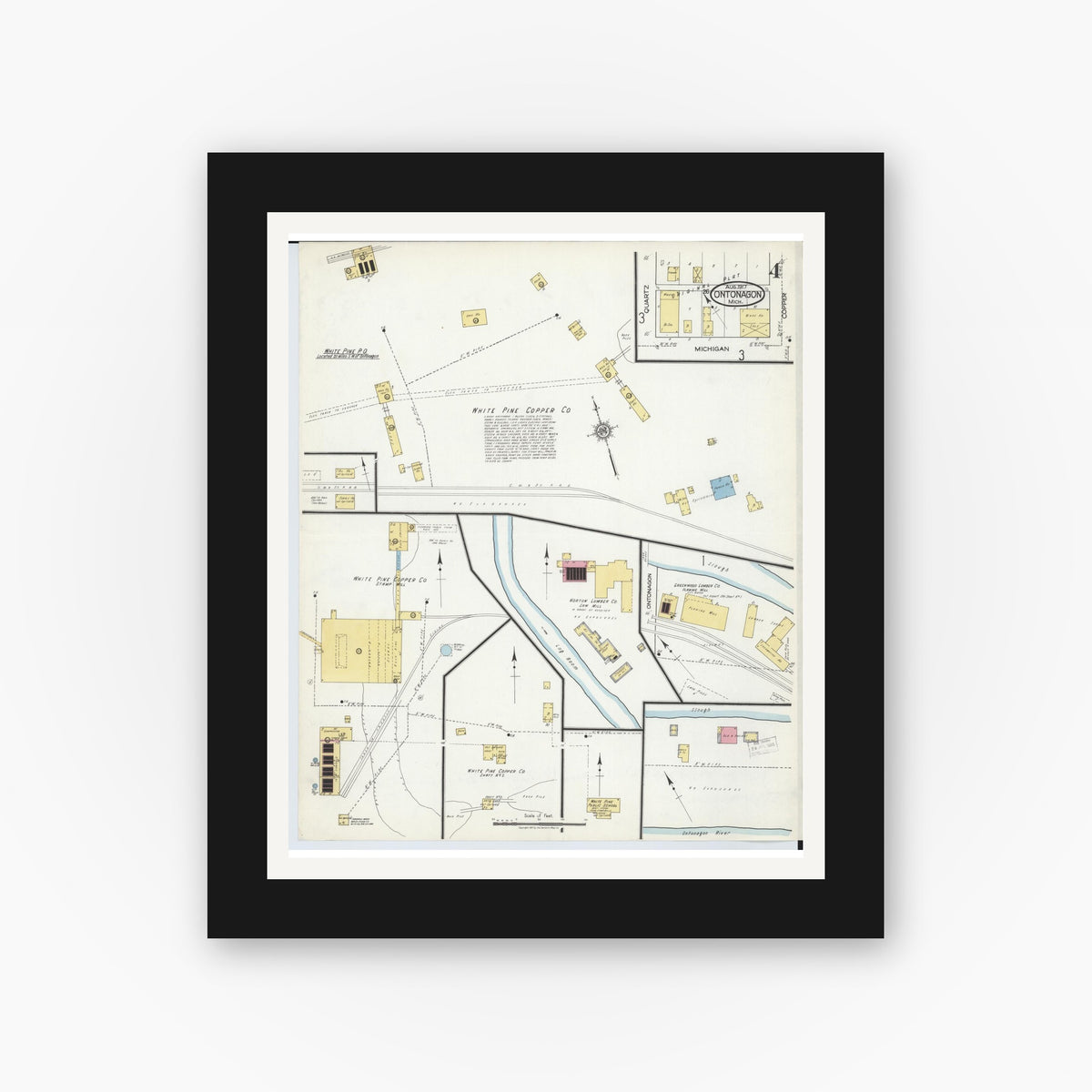 Old map wall art mockup — black gallery frame with white mat — Sanborn Fire Insurance Map from Ontonagon, Ontonagon County, Michigan (1917), Sheet #0004