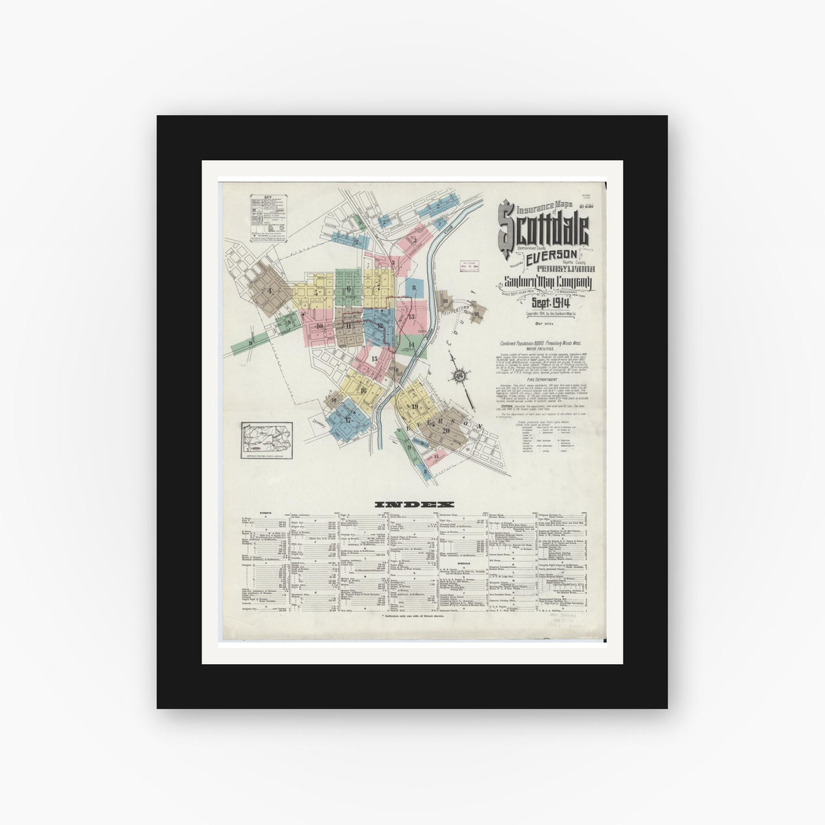 Old map wall art mockup — black gallery frame with white mat — Sanborn Fire Insurance Map from Scottdale, Westmoreland County, Pennsylvania (1914) - Complete Map Set